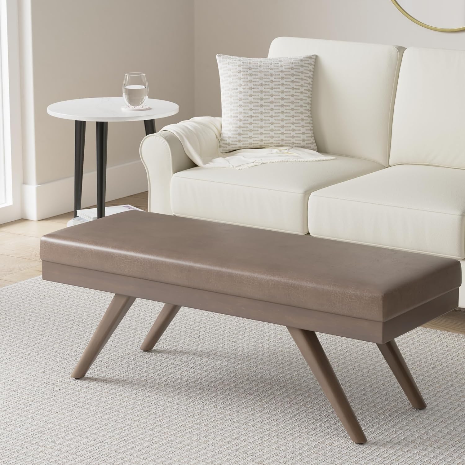 SIMPLIHOME Chanelle Ottoman Bench - 48 inch Wide Upholstered Vegan Leather Rectangle Ottoman in Distressed Umber Brown, Mid Century Modern Bench for Bedroom with Flared Tapered Legs, Assembled