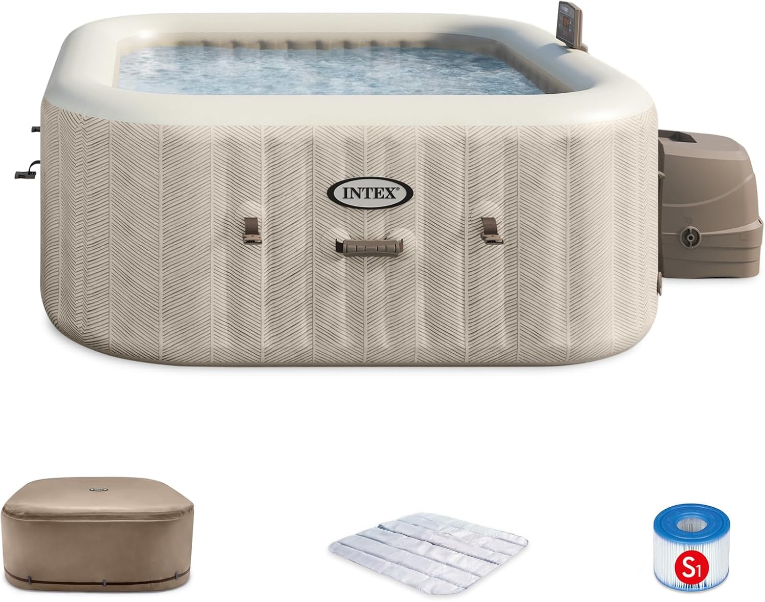INTEX 28445EP PureSpa Chevron Deluxe Outdoor Inflatable Portable Hot Tub, Includes Energy Efficient Spa Cover, Spa Control App, FastFill Inflation System, 4 Person Capacity, 69