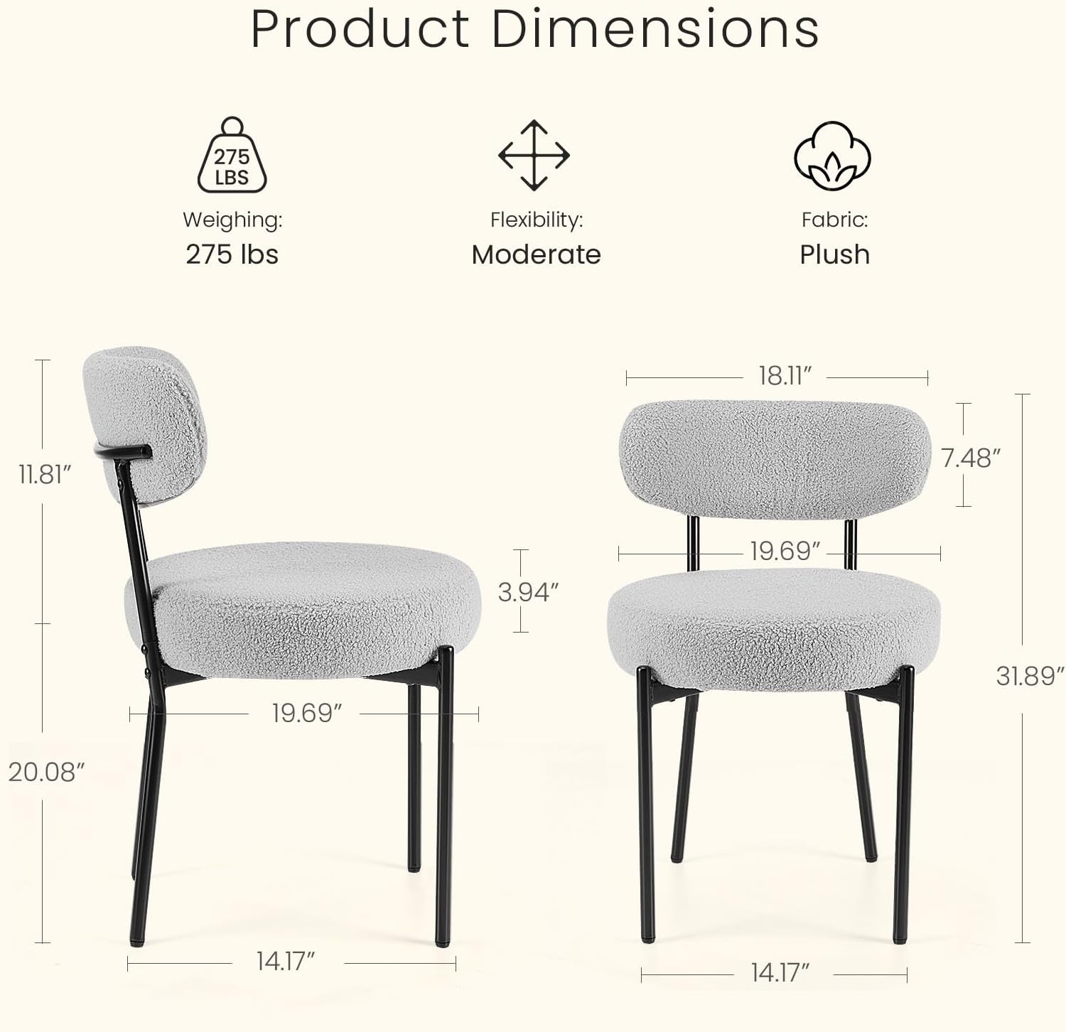 DUMOS Dining Chairs Set of 4, Mid Century Modern Chair Round Upholstered Curved Backrest, Kitchen Vanity Living Room Chairs with Black Metal Legs .Classic Grey