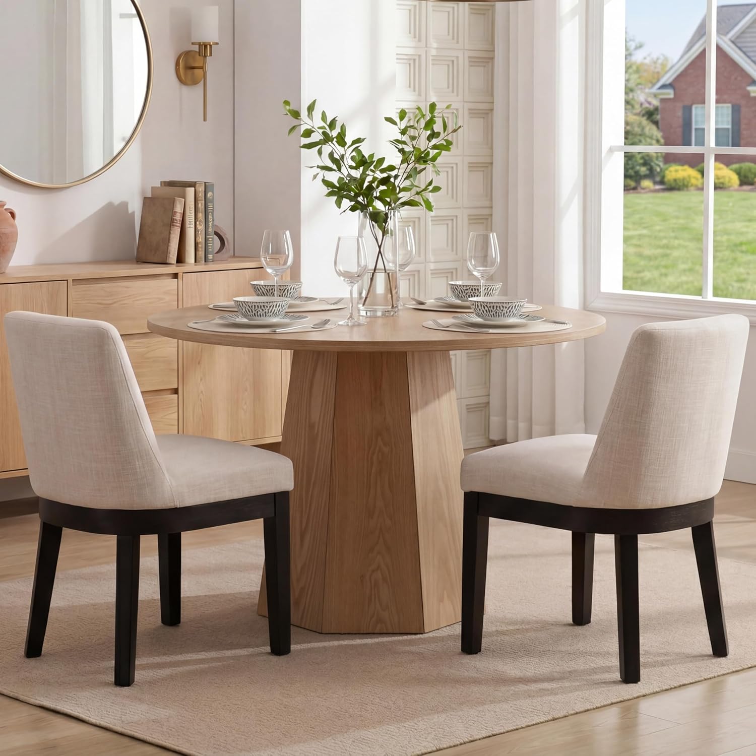 RIVOVA Modern Dining Chairs Set of 2 Comfortable Dining Room Chairs with Back, Linen Fabric Upholstered Kitchen Side Chair with Black Wood Legs for Living Room, Beige