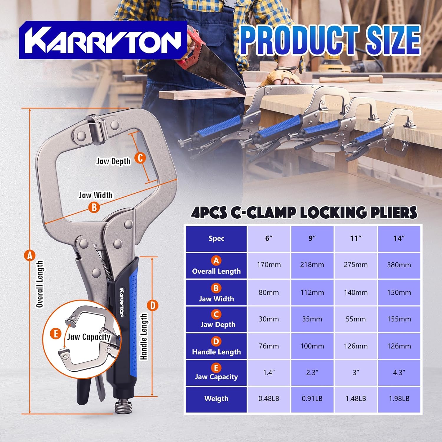 4PCS C-Clamp Locking Pliers Set with Swivel Pads and Rubber Soft Grips, 6/9/11/14 Inch Heavy Duty Carbon Steel Welding Clamp Tools for Woodworking, Welding and DIY Projects