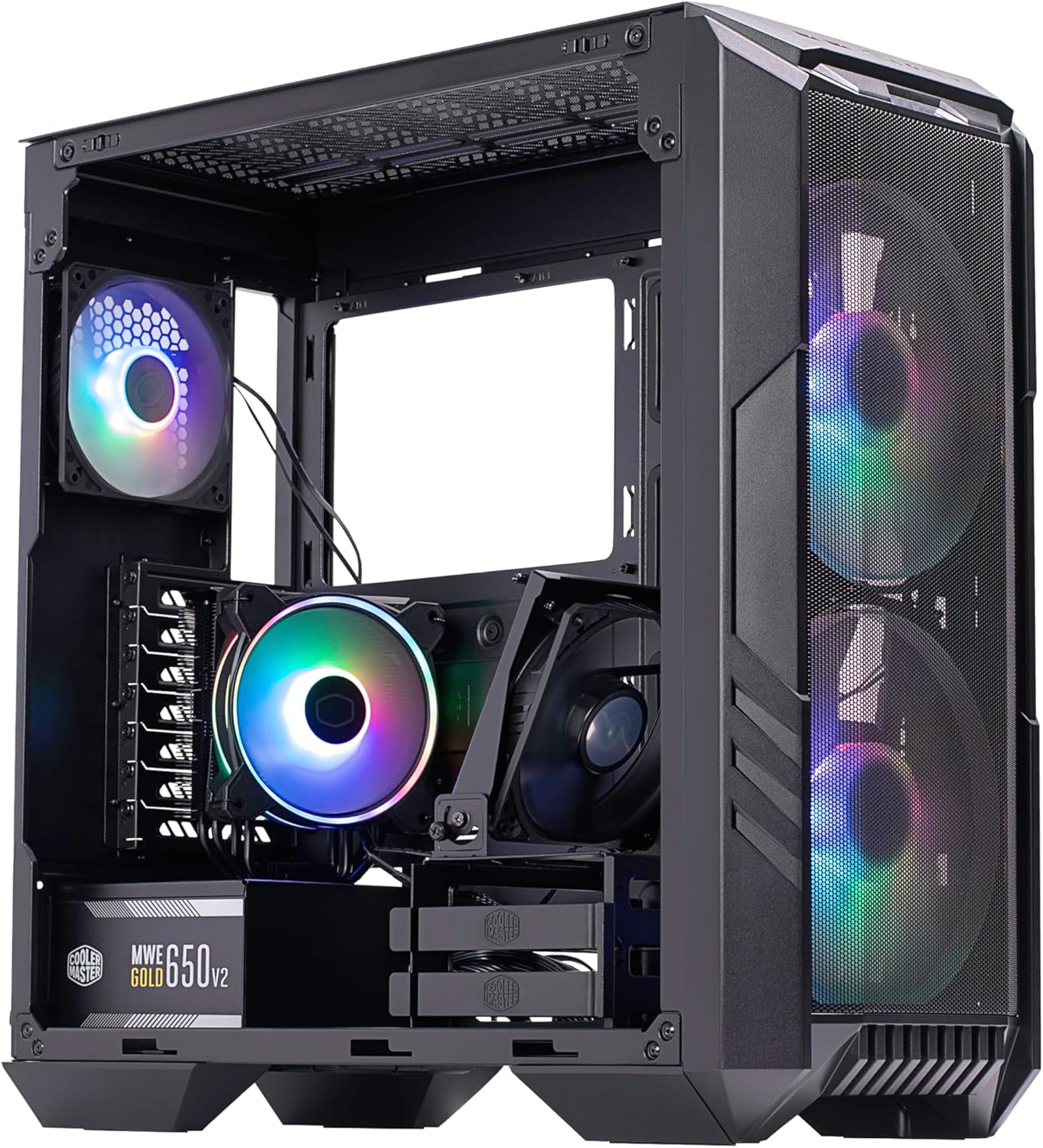 Cooler Master HAF 500 Pro Bundle – PC Case + PSU + CPU Cooler, High Airflow ATX Mid-Tower PC Case with Dual 200mm ARGB Fans + Hyper 212 Halo CPU Air Cooler + MWE 650W Gold Power Supply