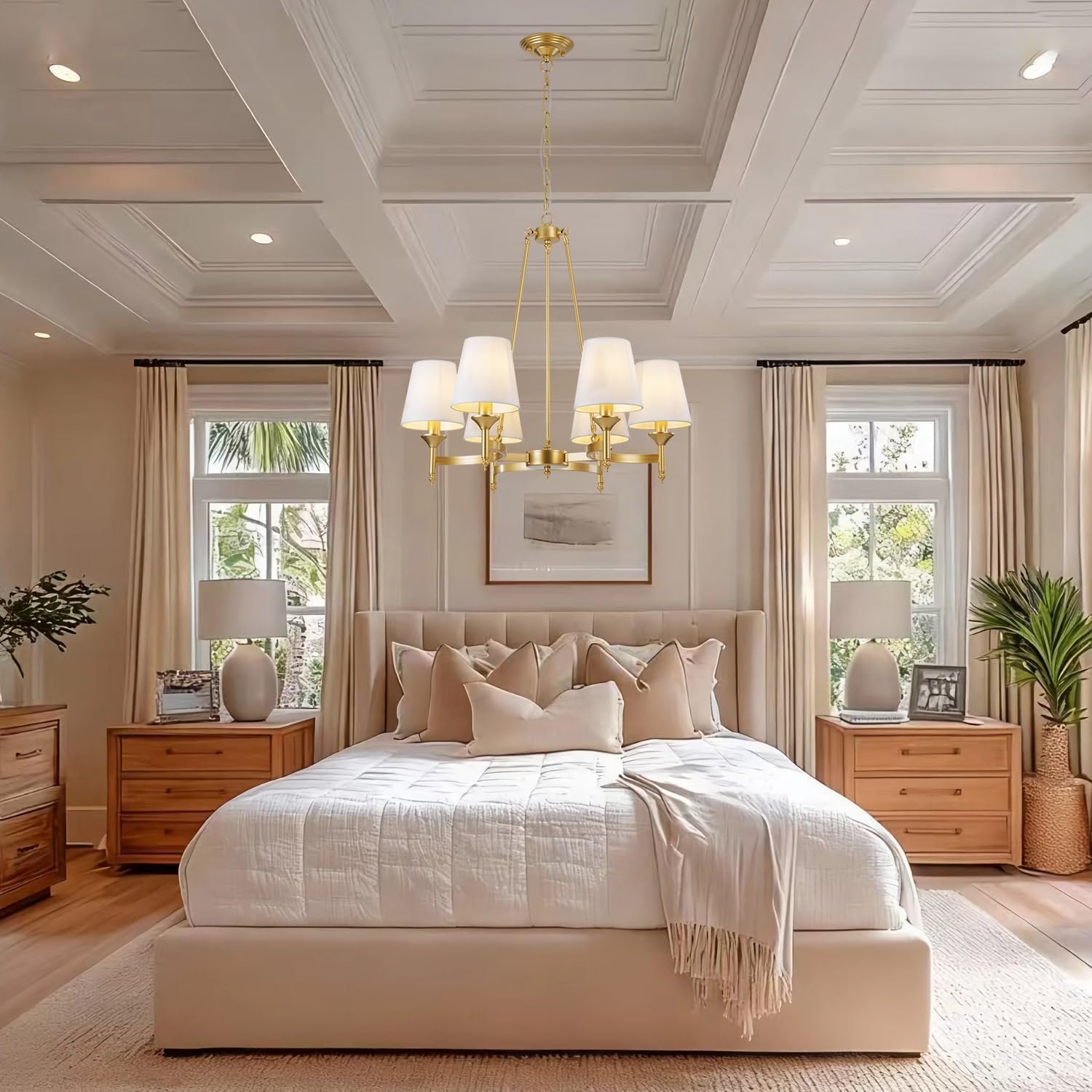 6-Light Gold Chandelier with White Fabric Shades – Modern Farmhouse Dining Room Light Fixture, Modern Gold Kitchen Chandelier Over Table, Chandeliers for Dining Room,Entryway,Foyer,Bedroom.