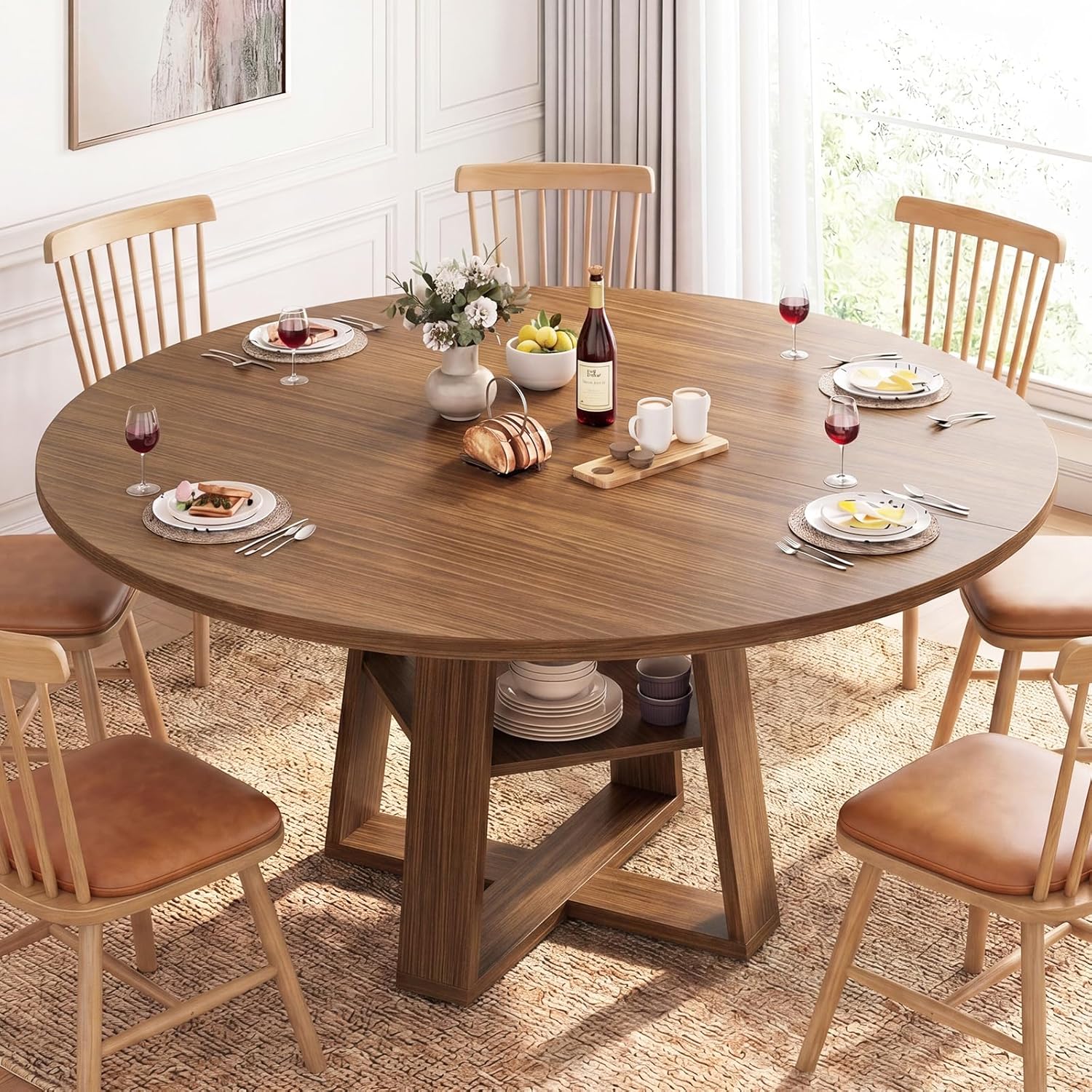 DUMOS Extendable Round Dining Table for 4-8, Modern Kitchen Oval Dinner Table with Storage Shelf, Wood Pedestal Table, Space Saving Modern Style, Brown