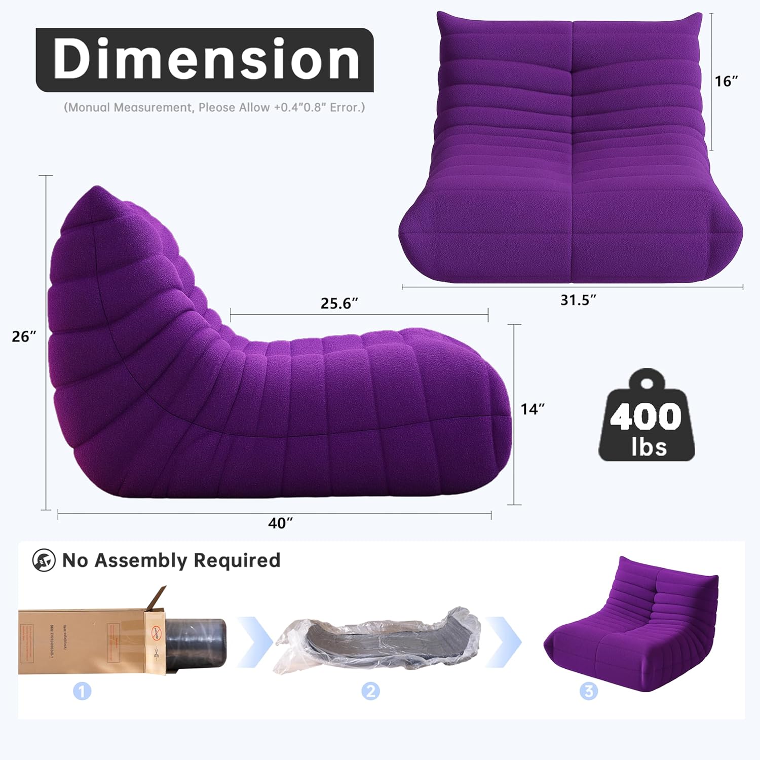 WHGBJA Bean Bag Chairs for Adults, BeanBag Reading Chair Memory Foam Couch, Floor Chair Soft Teddy Material, Comfy Reading Nook Chairs for Bedroom Living Room Office (Purple)
