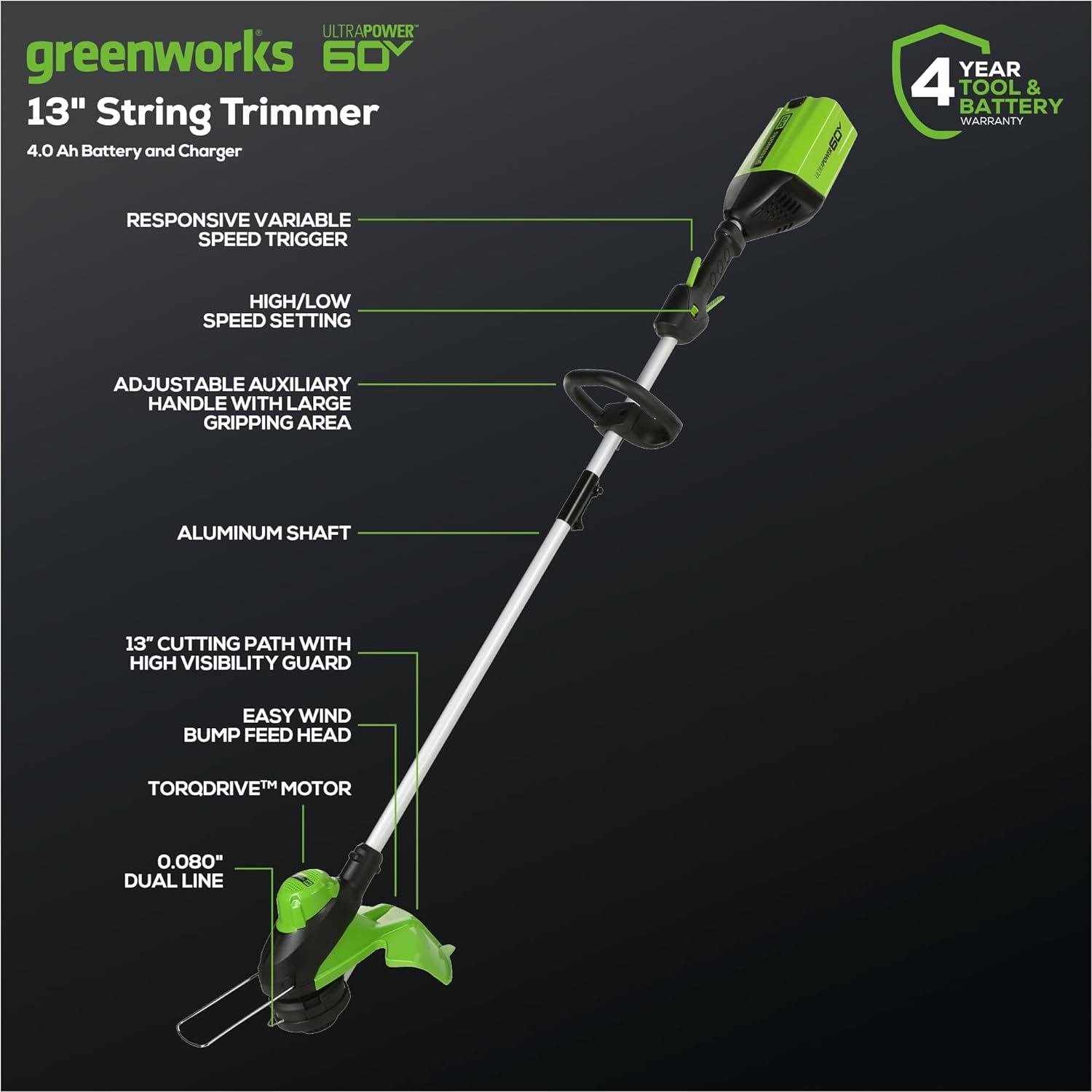 Greenworks 60V Cordless Yard Tool Combo Kit with 4.0Ah Battery & Charger – 13