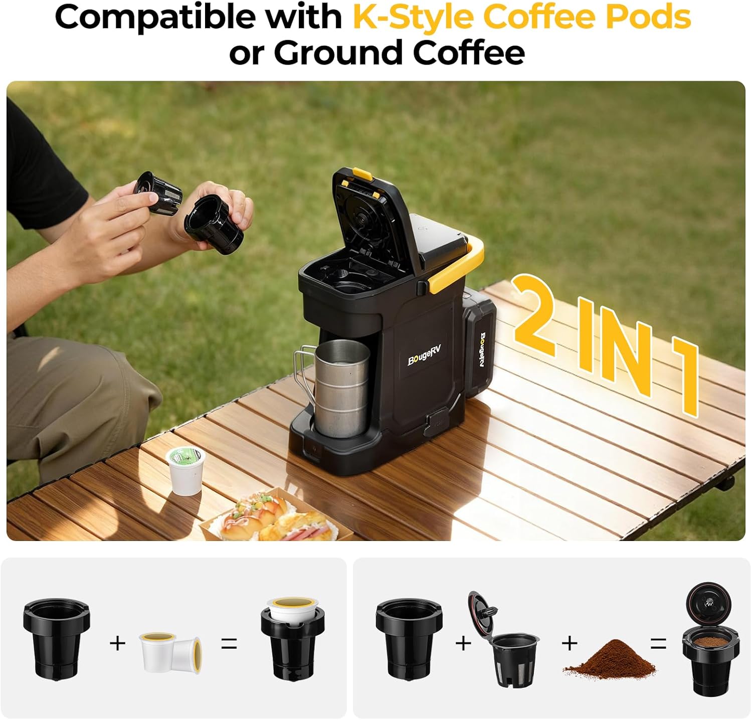 BougeRV Coffee Maker with 18V 8Ah Battery Powered Compatible with K Cup Coffee Pods & Ground Coffee, Portable Coffee Maker Cordless with AC/DC Power for Travel, Camping, Outdoor, Jobsite, RV, Home