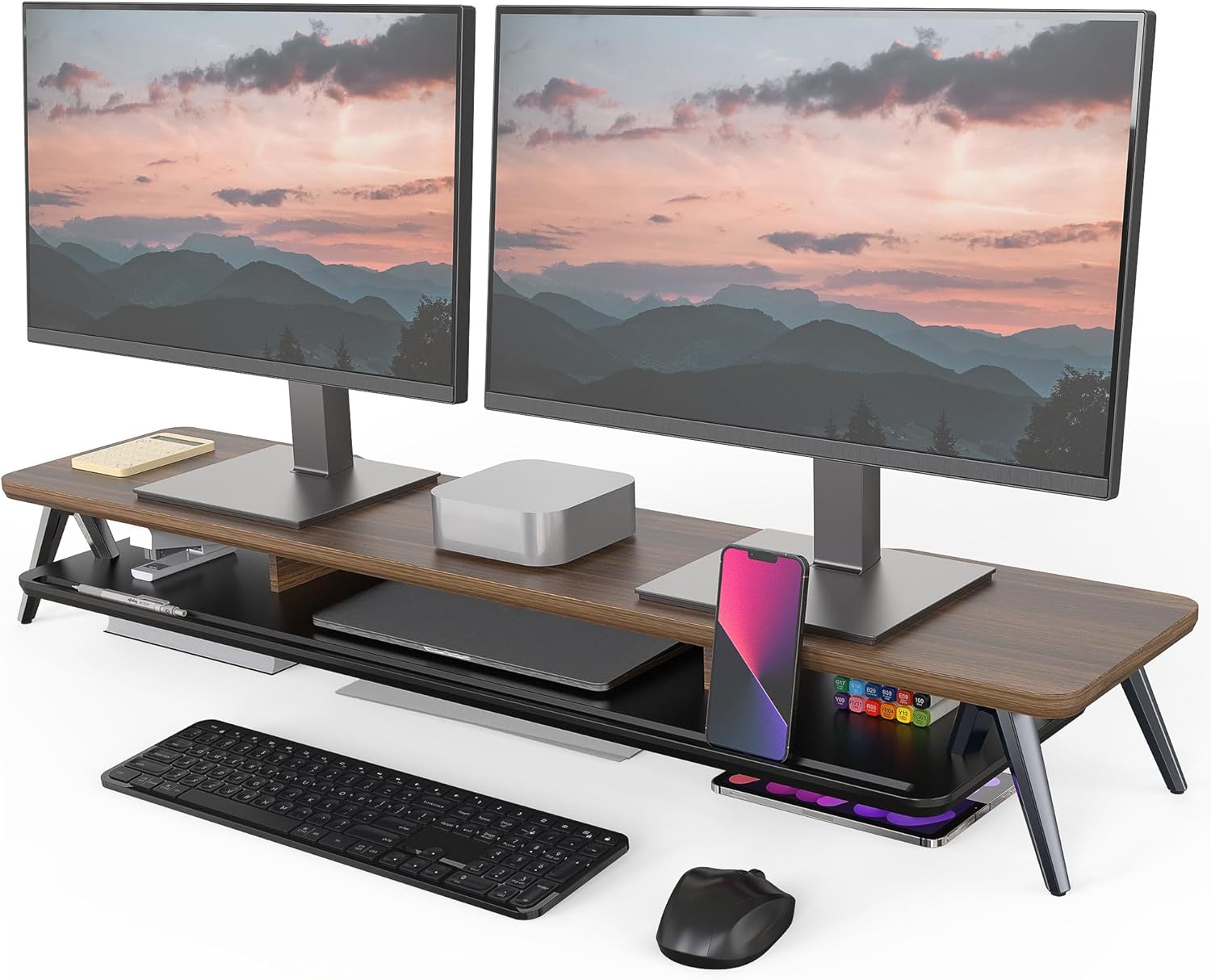 Fenge Dual Monitor Stand, Monitor Stands Riser for 2 monitors, 42.5 Inch Wood Desk Shelf with Storage Organizer and Cable Management for Office Desk Accessories