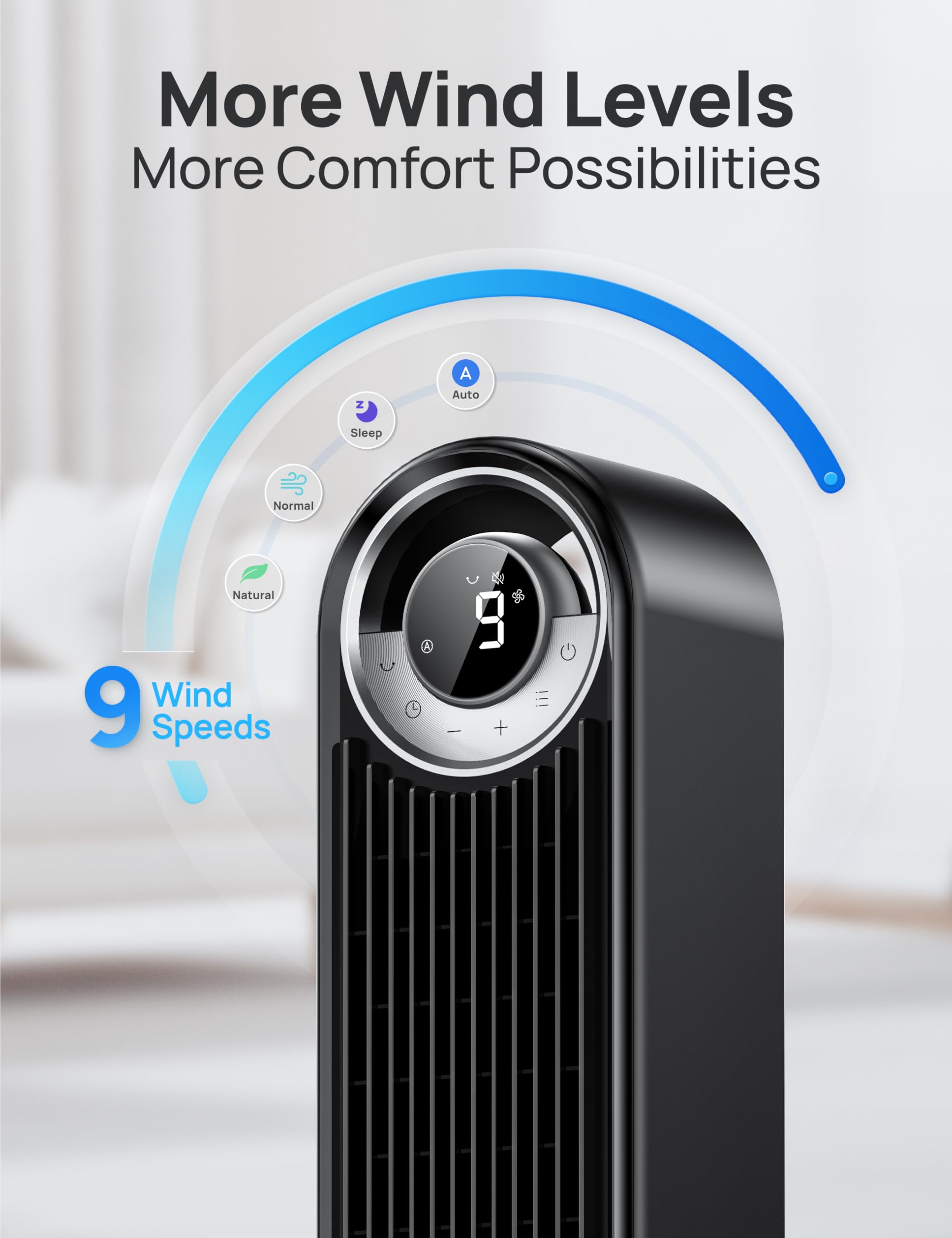 DREO Tower Fan - Ultra-Quiet 9 Speeds Oscillating Stand Fan