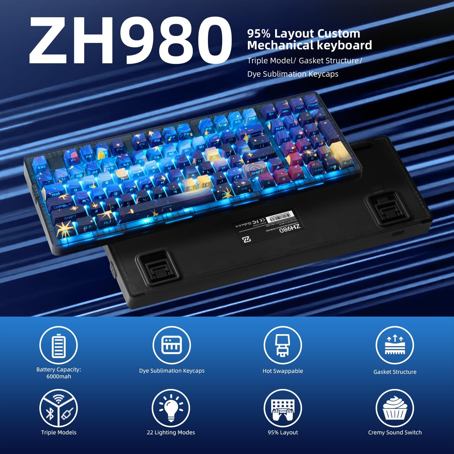 ZORNHER ZH980 Mechanical Keyboard,95% Blue Creamy Keyboard with Number Pad,Van Gogh's Starry Night Dye Sublimation PBT Keycaps,Creamy Sounding Linear Switches,Hot-Swappable,RGB Backlit