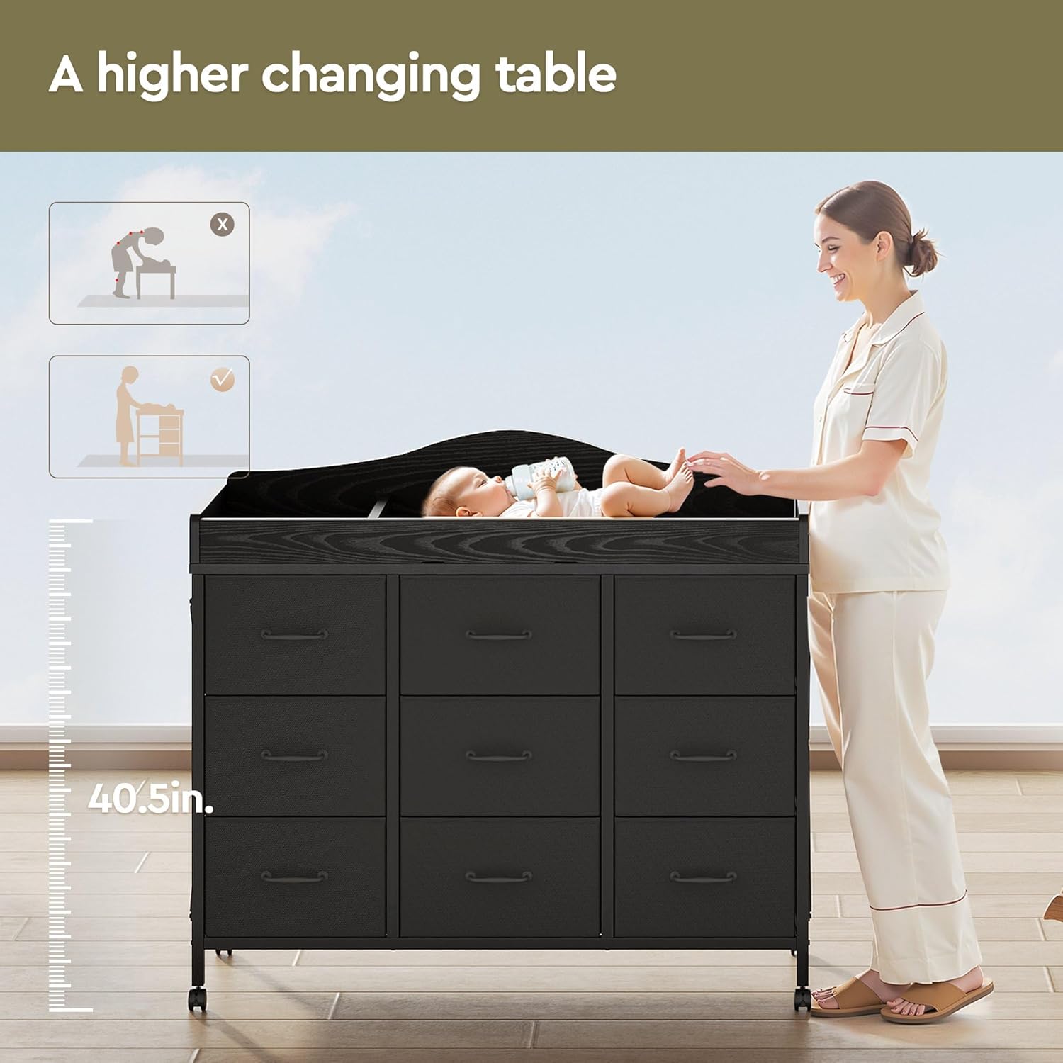 YeTom Baby Changing Table with 9 Fabric Boxes, Waterproof Diaper Changing Station & Pad, Mobile Nursery Diaper Changing Table, Baby Furniture, Black