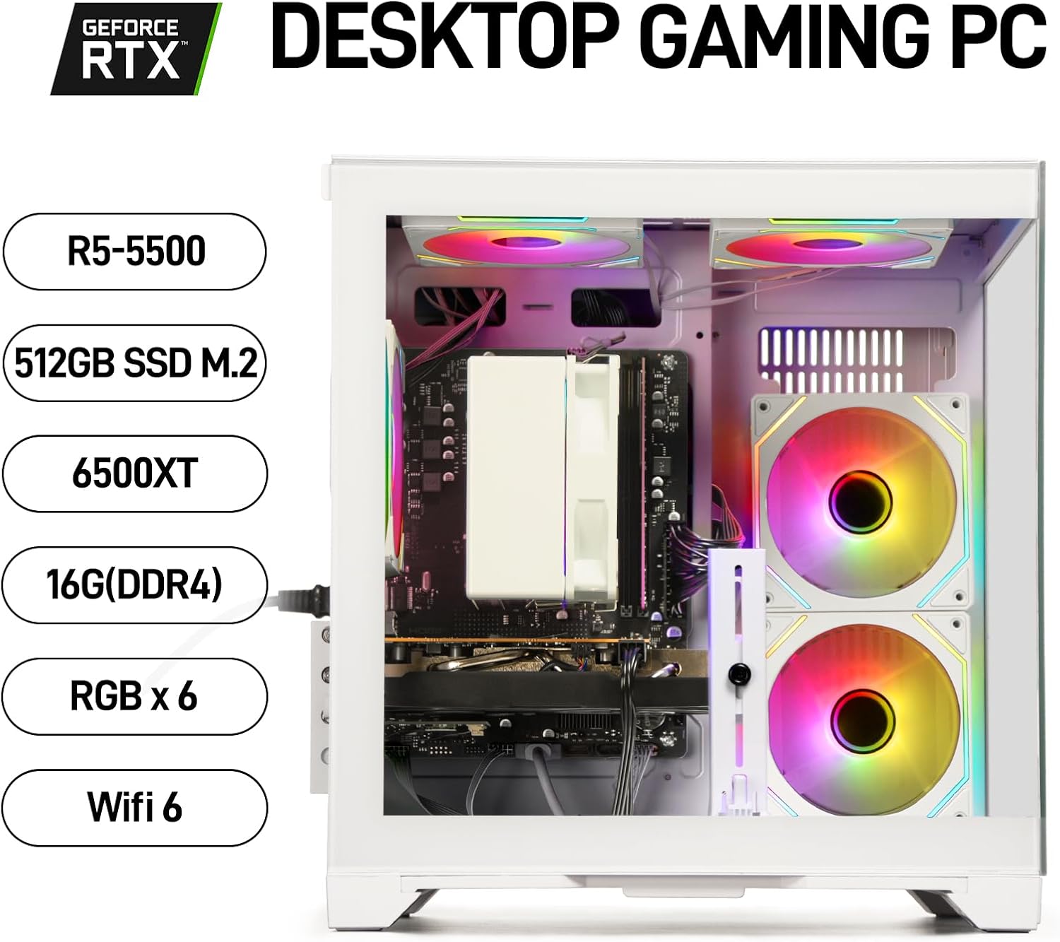 Gaming PC Desktop Computer - Ryzen 5 5500, Radeon RX 6500XT 4GB, 16GB DDR4 RAM, 512GB NVME SSD, Prebuilt Tower for 1080P Gaming, Streaming, School & Home Office (White)