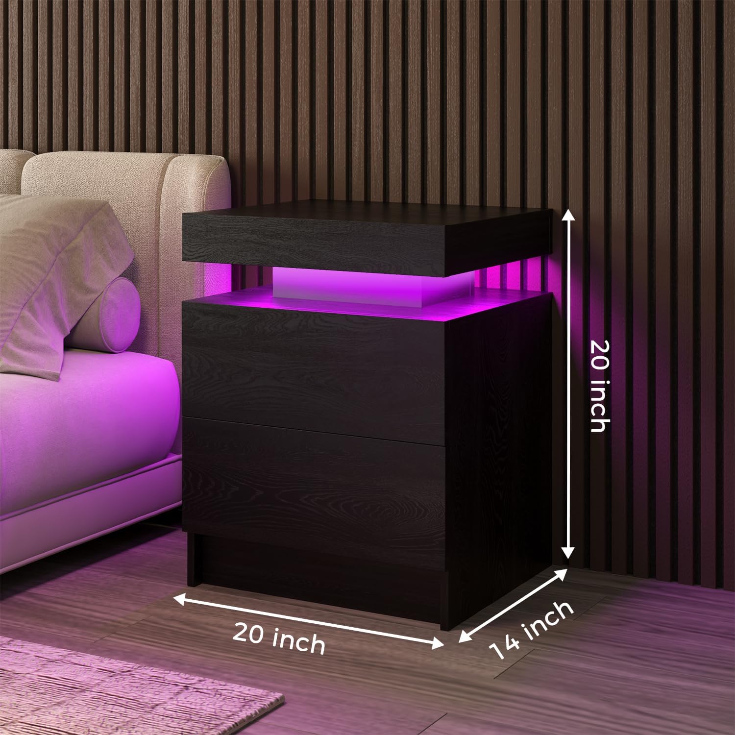 LED Nightstands Set of 2, Modern Black Night Stand End Tables with APP & Remote Control LED Lighting, 2 Drawers, Open Shelf Storage, Bedside Tables for Bedroom and Living Room