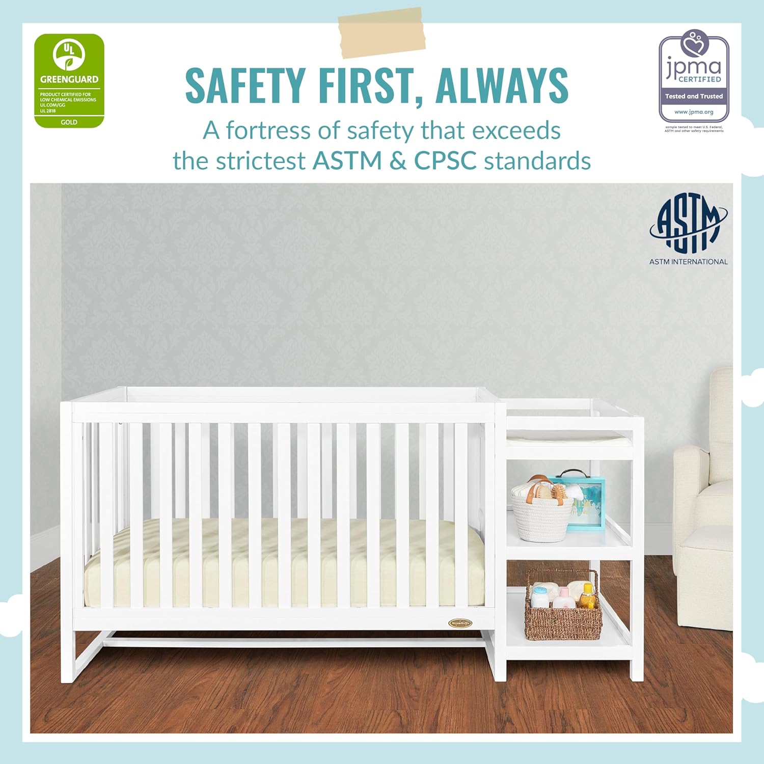 Dream On Me Milo 5-in-1 Convertible Full-Size Baby Crib & Changer with Storage, White, GreenGuard Gold & JPMA, 3 Mattress Heights, 1″ Mattress Pad, Converts to Toddler, Day & Full-Size Bed
