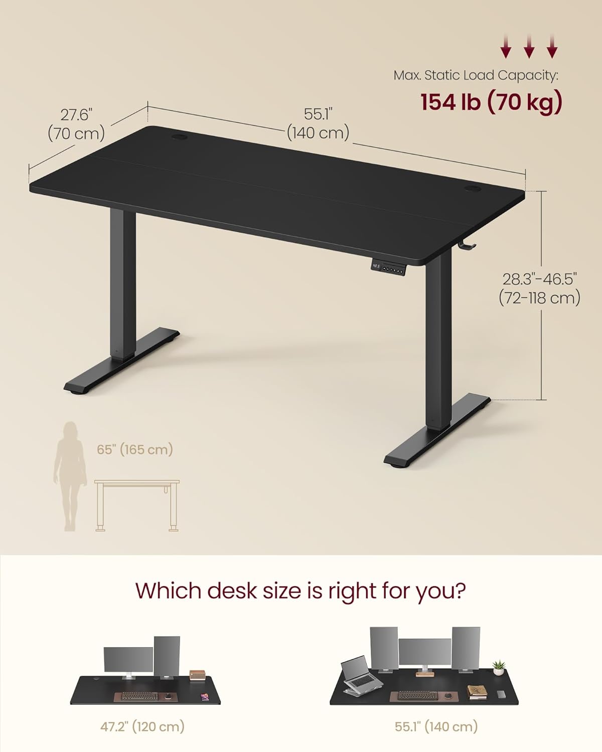 VASAGLE Electric Standing Desk, 55.1 x 27.6 Inches Height Adjustable Desk, Sedentary Reminder, 4 Memory Heights, for Home Office, Ink Black ULSD315BZ020S