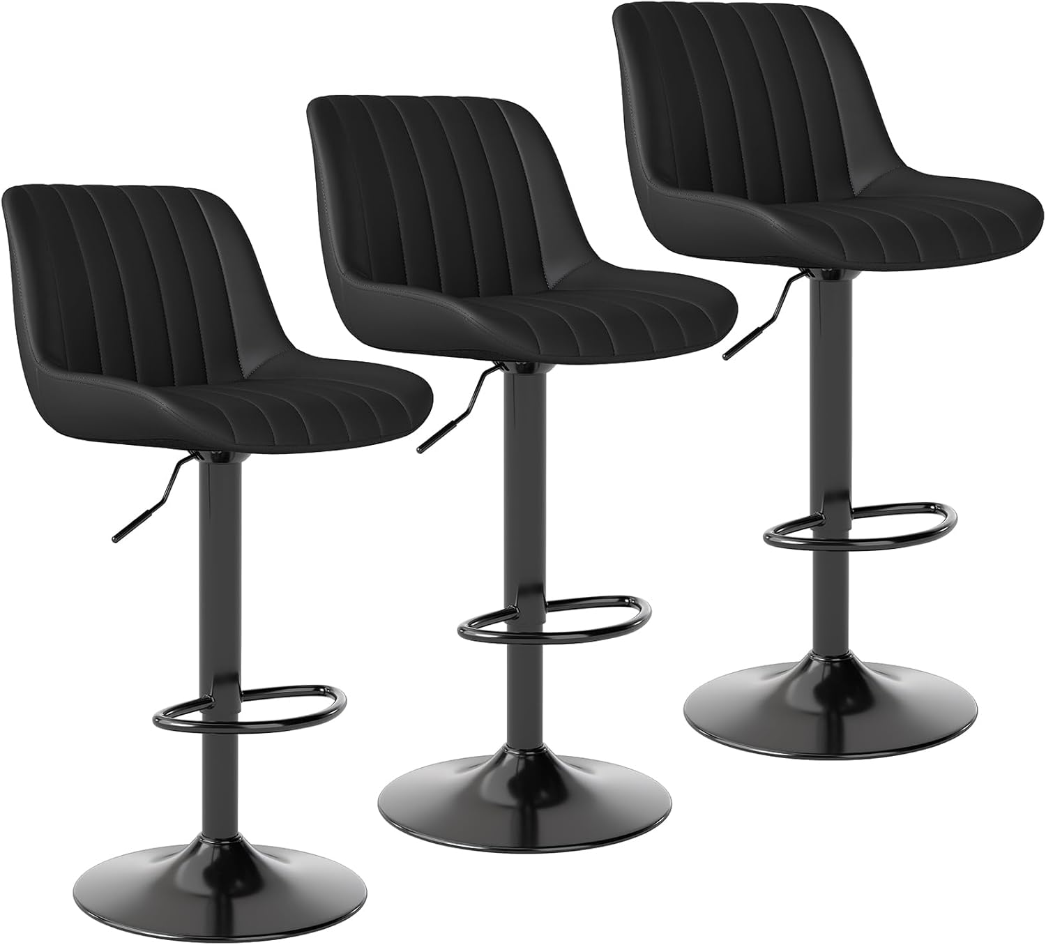 Youhauchair Bar Stools Set of 3, Swivel Counter Height Barstools with Back, Adjustable PU Leather Bar Chairs, Modern Armless Kitchen Island Stool, Black
