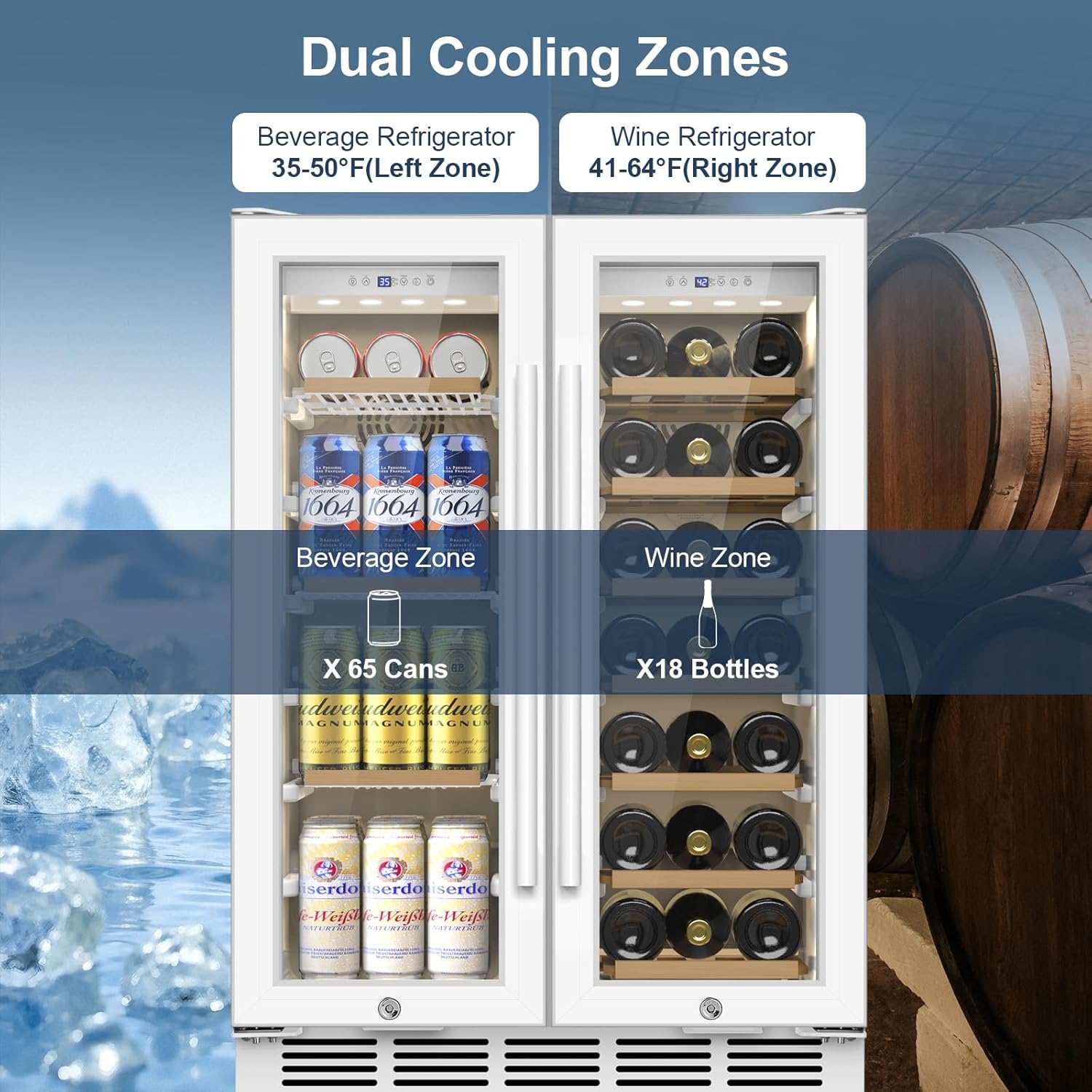 FoMup Wine and Beverage Refrigerator, 24 Inch Beverage Cooler Dual Zone with Glass Door, Under Counter Beverage Fridge with Upgraded 65 Cans 18 Bottles Large Capacity, White