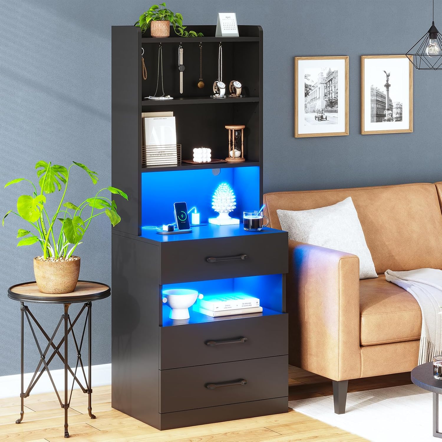 AOGLLATI Tall Night Stand Set of 2 with Charging Station and LED Lights, Black Nightstand with 3 Drawers and Adjustable Shelves, Modern Bedside Table with Bookshelf for Bedroom