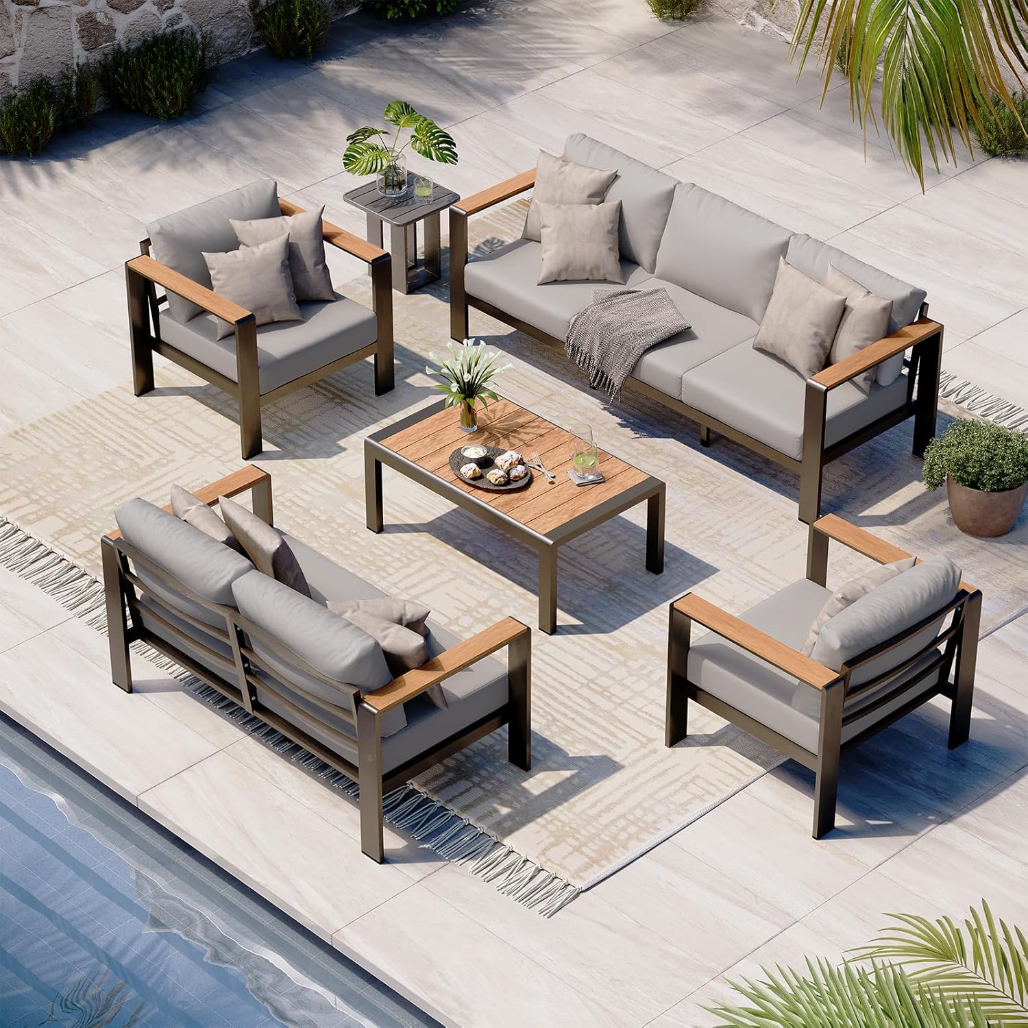 Aluminum Outdoor Patio Furniture Set with Coffee Table, 5 Piece Patio Conversation Sets, Outdoor Sectional Furniture for Porch, Balcony, Yard, Gray