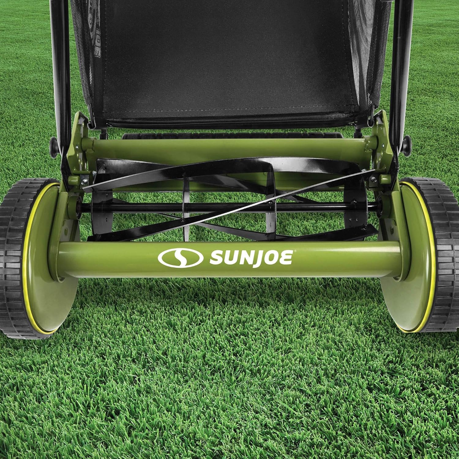 Sun Joe MJ501M w/ 7-Gallon Detachable Grass Catcher, 9-Position Height Adjustment, 5 Steel Blades, Compact Design, 18-Inch Manual, Green/Black
