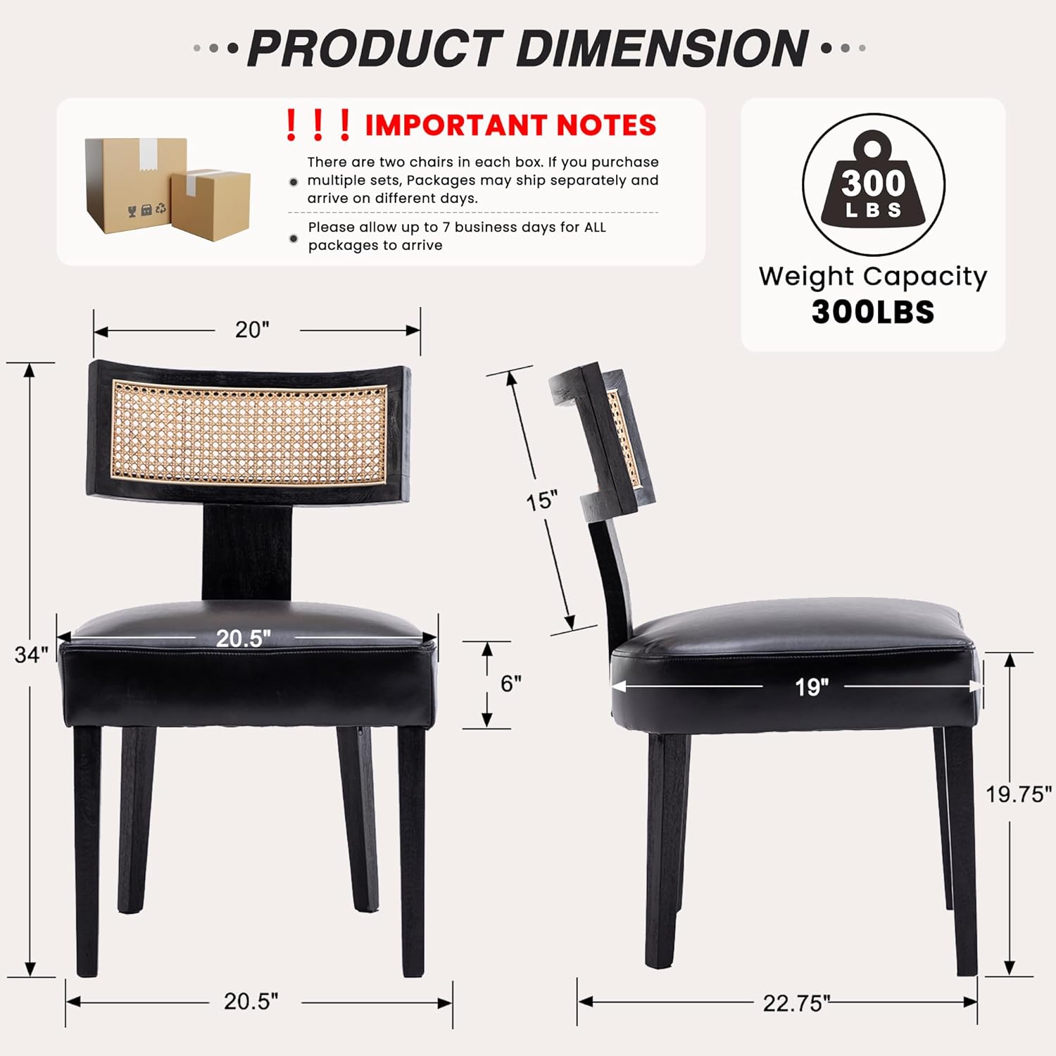 HNY Mid Century Modern Rattan Dining Chairs Set of 2, Farmhouse PU Leather Upholstered Accent Chair Curved Backrest Kitchen Chairs, with Black Hardwood Frame, Black