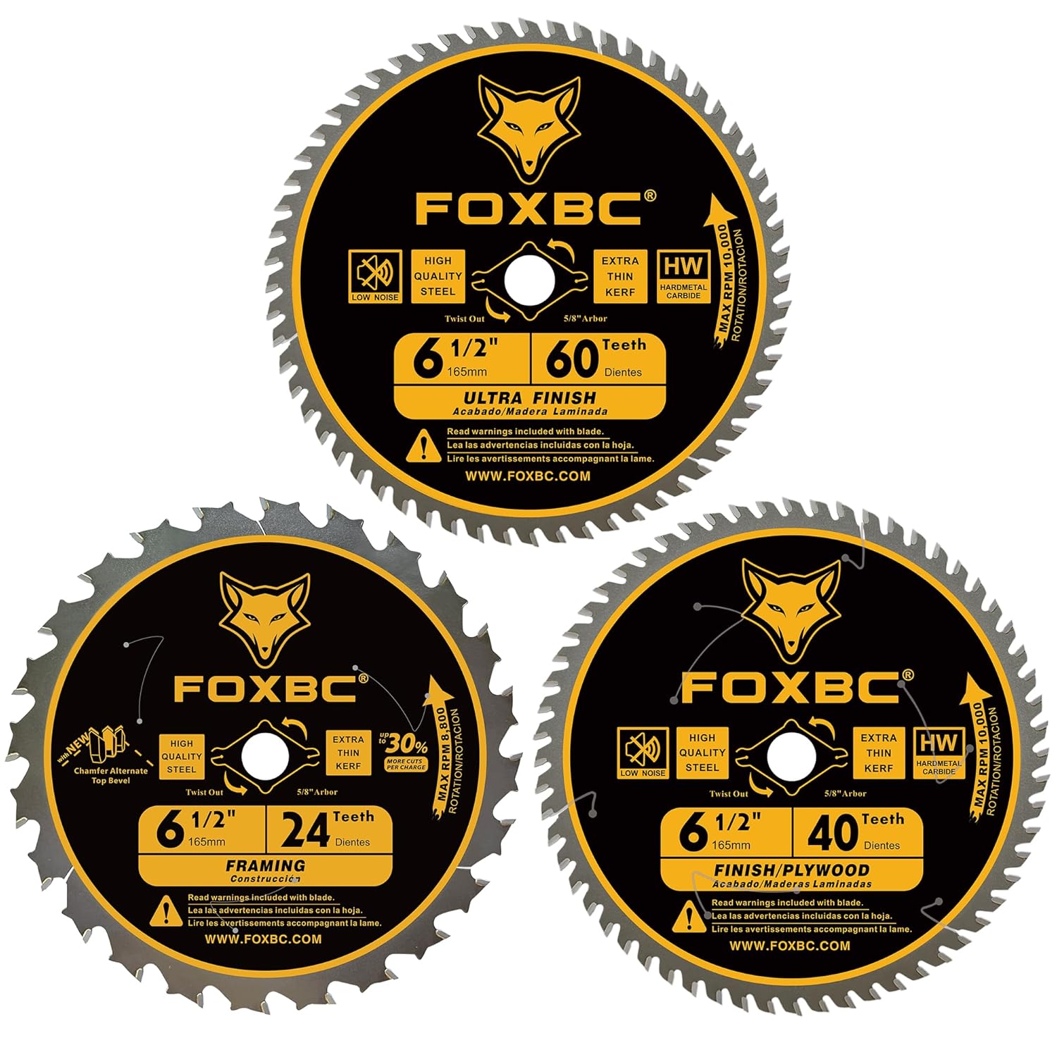FOXBC 6-1/2 inch Circular Saw Blade 24T 40T 60T Combo Pack, Ultra Fine Finish for Wood Cutting, Thin-Kerf with 5/8
