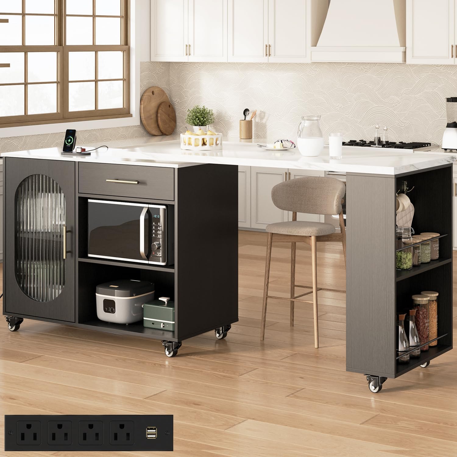 HSH Kitchen Island with 360° Swivel Table & Power Outlet, Rolling Kitchen Island Cart with Storage & Seating, Mobile Kitchen Island Table with Cabinet, Drawers & Shelves on Wheels, White Faux Marble