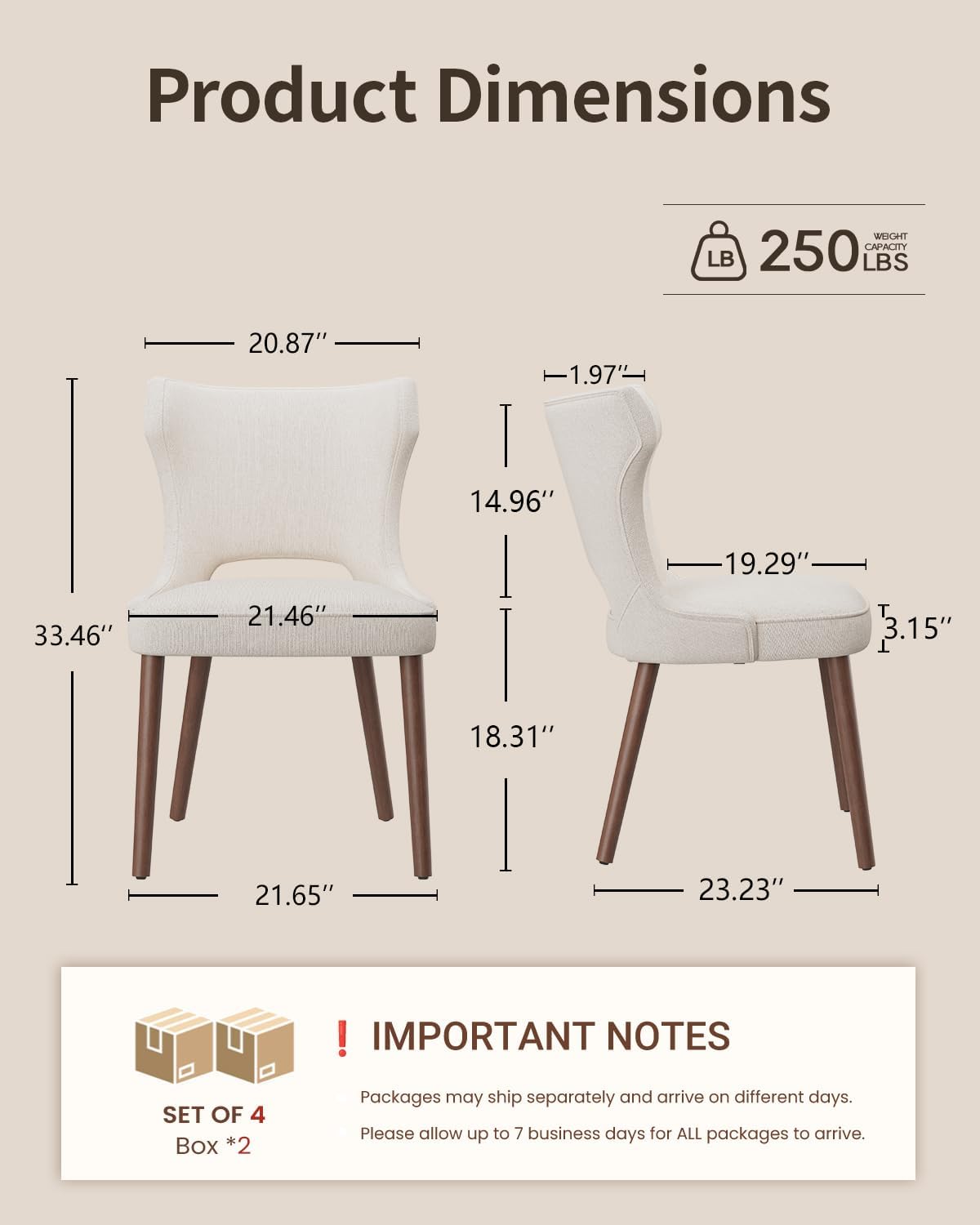 Wooden Dining Chairs Set of 4, Farmhouse Dining Room Chairs with Solid Wood Legs, Mid Century Fabric Kitchen Chairs, Upholstered Chair for Restaurant & Cafe- Beige