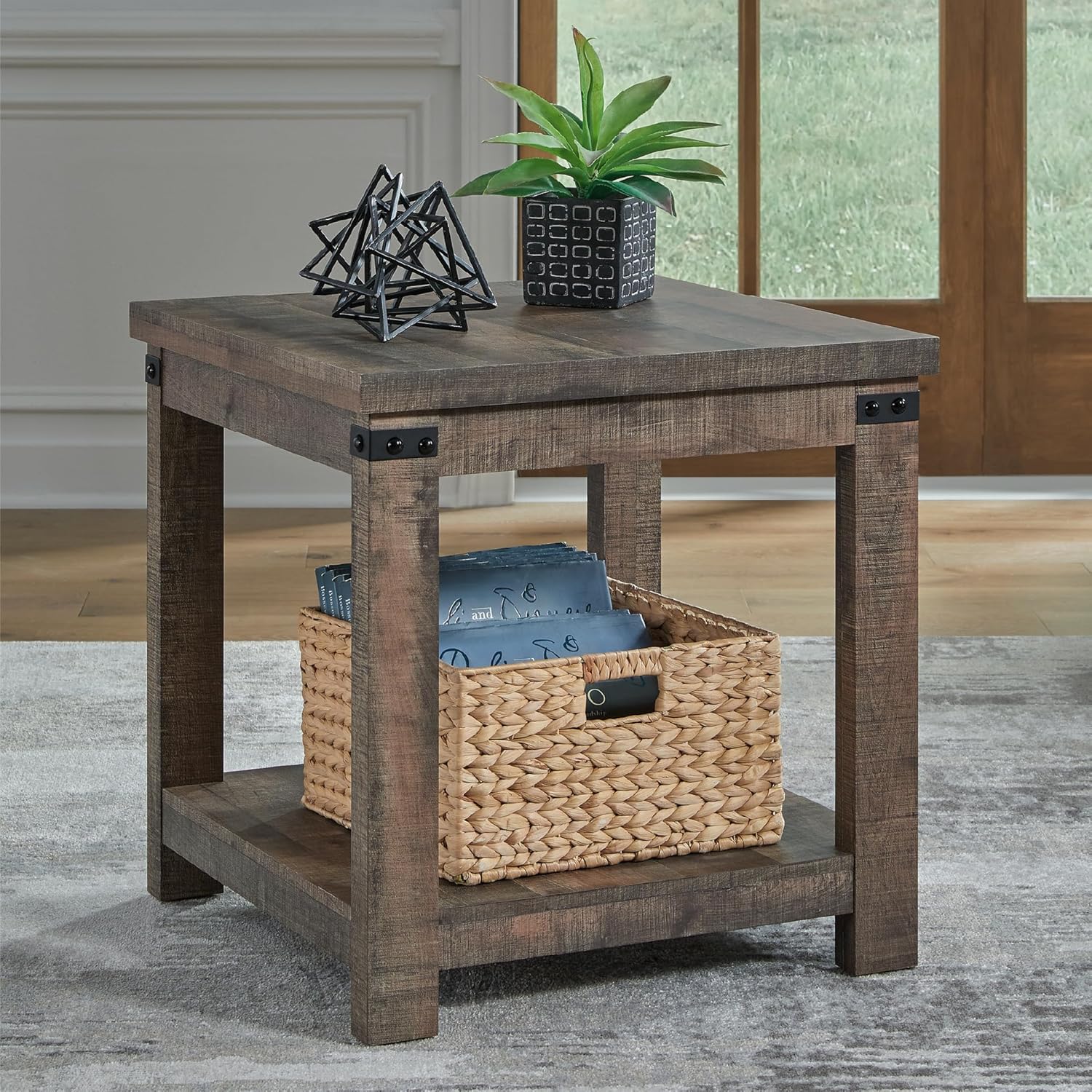 Signature Design by Ashley Hollum 24 Inch Square End Table - Rustic Brown Side Table with Storage Shelf