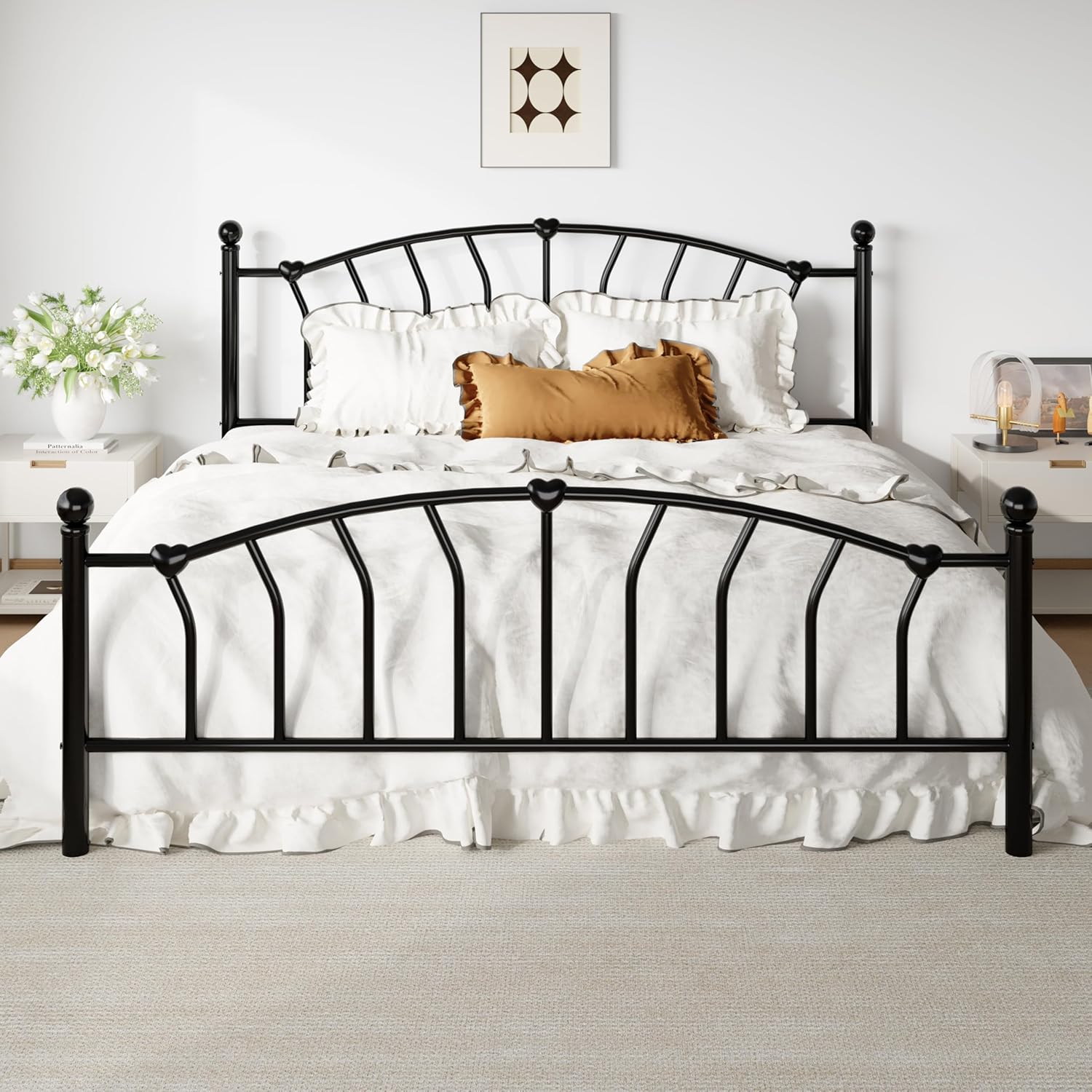 SHA CERLIN 14 Inch King Size Metal Platform Bed Frame with Heart Shaped Iron-Art Headboard/Footboard, Under Bed Storage, Noise Free Mattress Foundation, No Box Spring Needed, Easy Assembly, Black