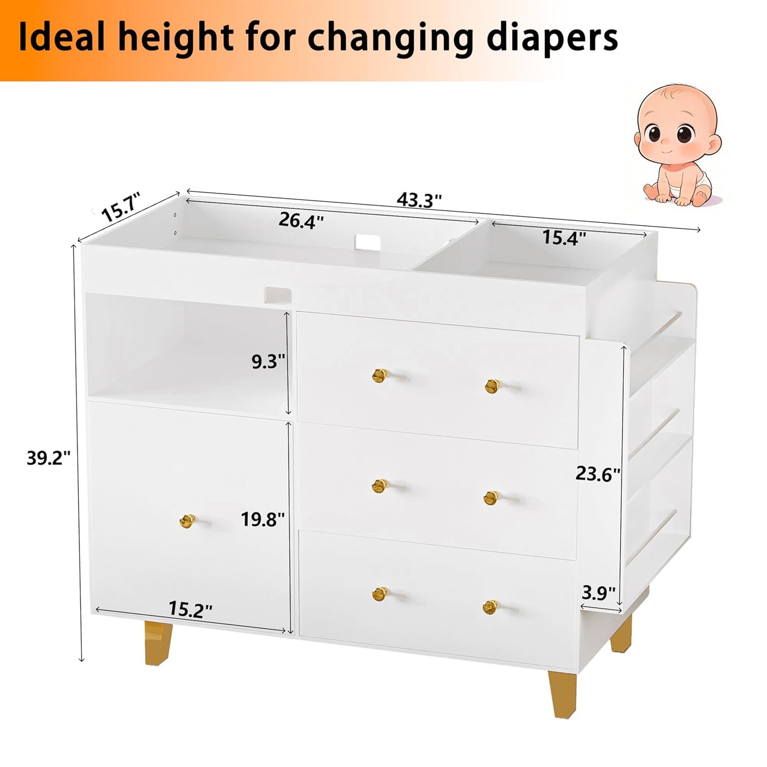 Wooden Baby Changing Table Dresser,Diaper Changing Table with Large Tabletop,4 Drawers, Open Storage Space & Side Shelves,Modern Storage Crib with Changing Table for Nurseries and Baby Rooms,White