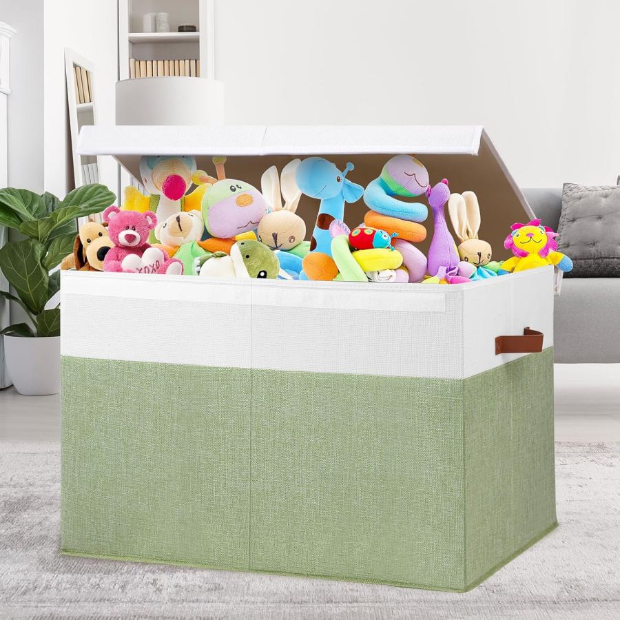 Extra Large Toy Storage Box with Lid, Sturdy Toys Storage Chest Bin Organizer Basket with Dividers for Kids, Boys, Girls, Nursery, Closet, Bedroom, Playroom 35.5x17x17(Beige and White)