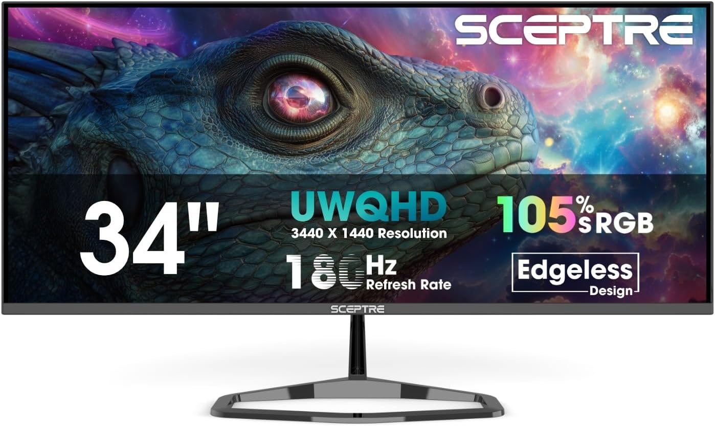 New! Sceptre 34-inch Prime Gaming Monitor 3440 x 1440 up to 180Hz DisplayPort HDMI Build-in Speakers, Machine Black 2027 (E345B-QU180D Series)