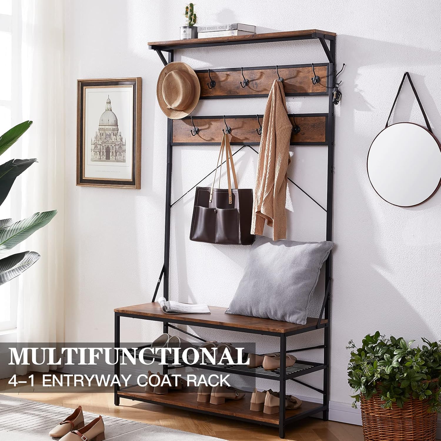 3-in-1 Entryway Coat Rack,Vintage Industrial Hall Tree 72 Inch with Storage Bench and Coat Racks Entryway Storage Shelf Organizer with 9 Hooks . Large Size, Wood Look Accent Furniture with Metal Frame