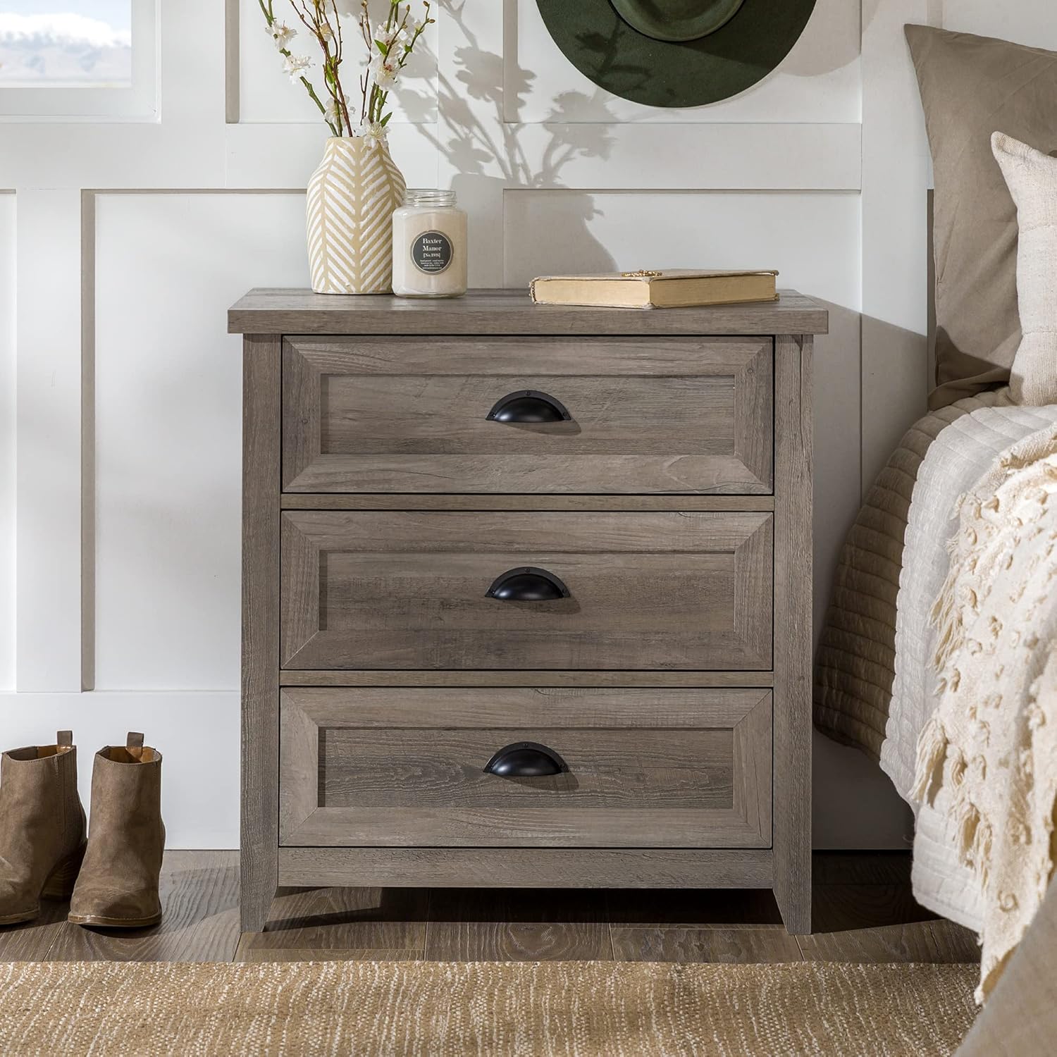 Walker Edison Hazel Modern Farmhouse 3 Drawer Framed Nightstand with Half-Moon Handles 25 Inch Grey Wash