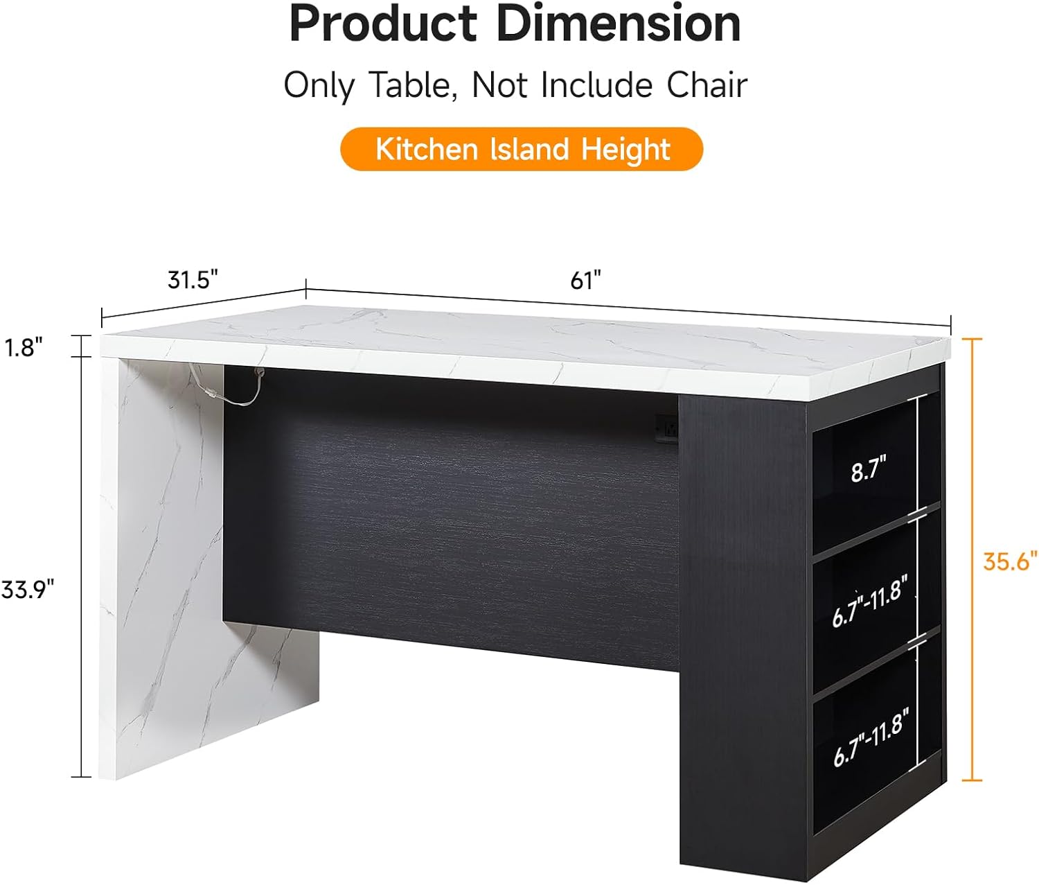 ONBRILL 61 x 31 Inch Whole Board of Tabletop Kitchen Island Table with Storage Space, Power Outlet & LED Lights, Modern Imitation Marble Large Counter Height Dining Table for 4 (Black)
