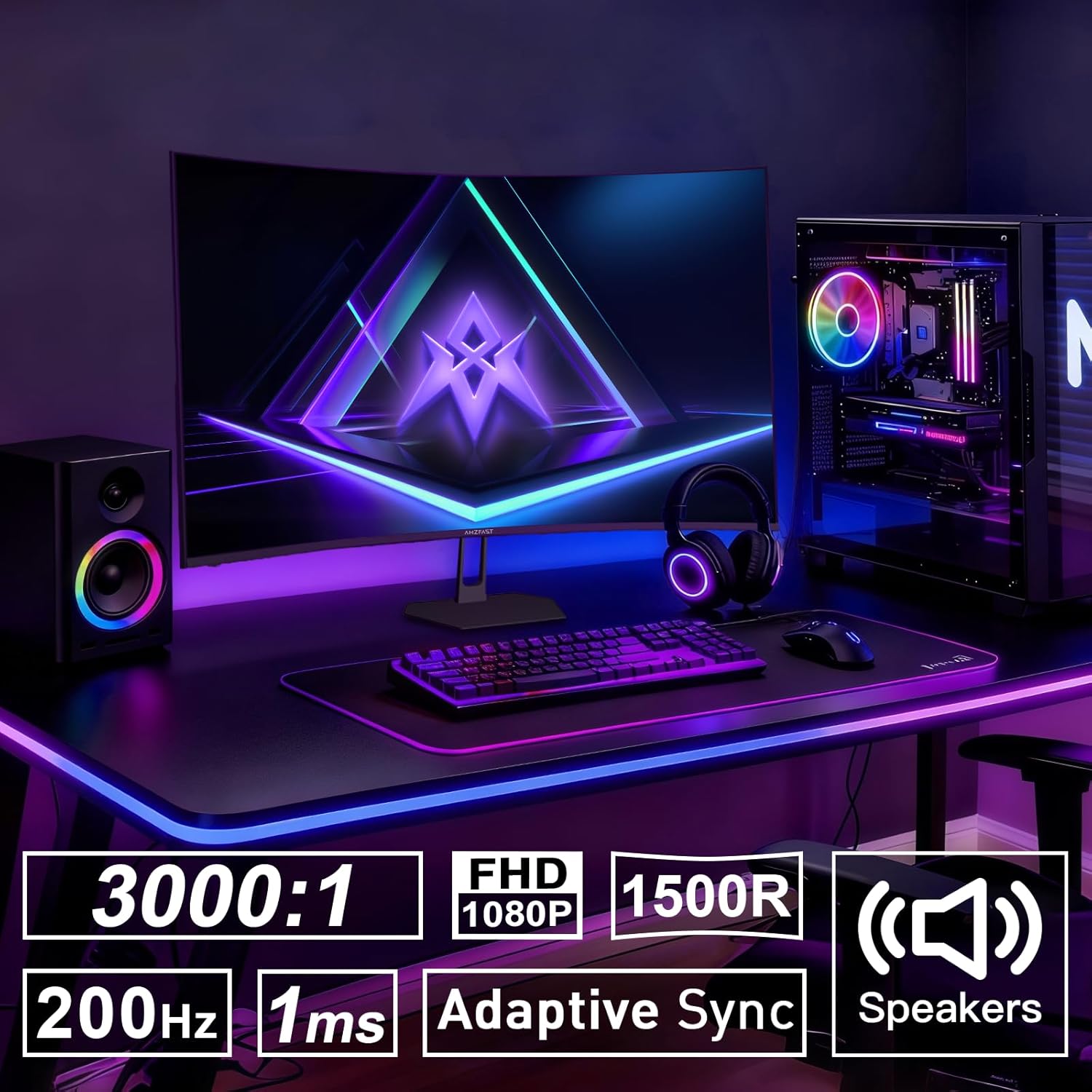 Amzfast 27 inch 200Hz Curved Gaming Monitor, FHD 1080p with Built-in Speakers, FreeSync, MPRT 1ms, 130% sRGB, 3000:1, 1500R, VESA Mount, HDMI 2.0&DP 1.4, 12 Months Warranty Exchange
