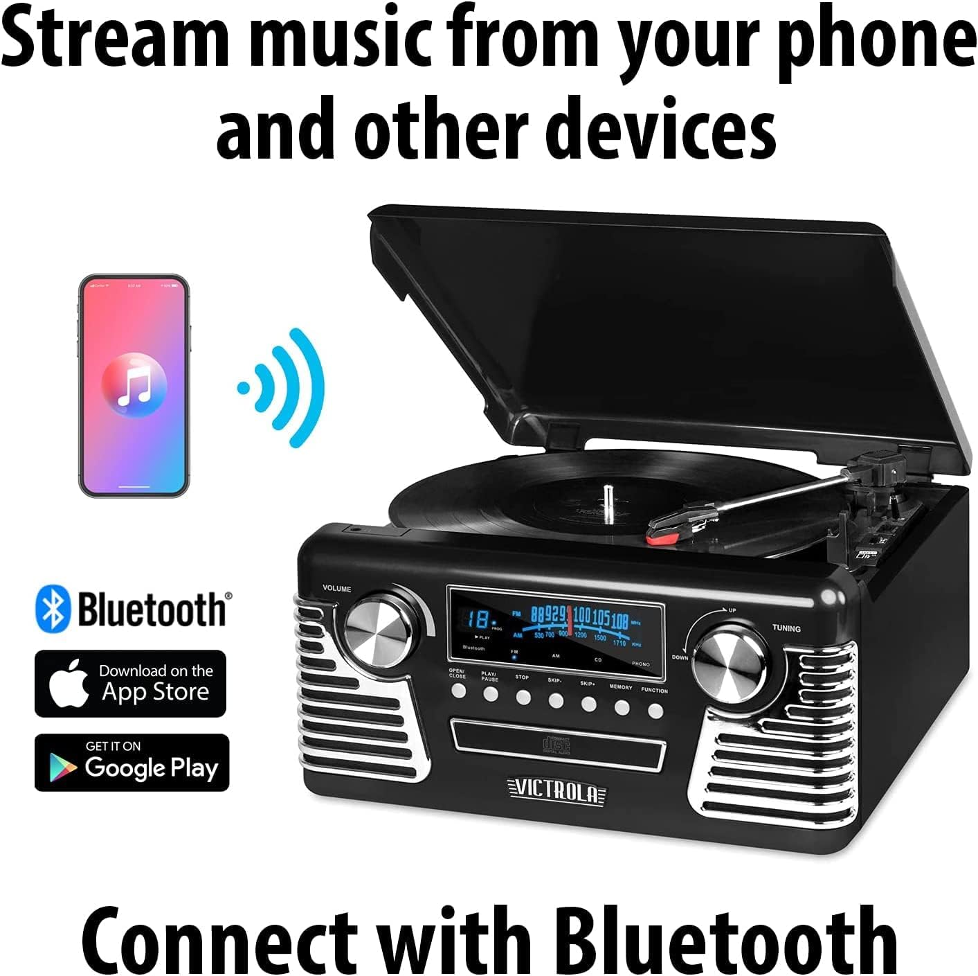 Victrola Haley Retro Bluetooth Record Player & Multimedia Center with Built-in Speakers - 3-Speed Turntable, CD Player, AM/FM Radio, 3.5mm Aux-In, Wireless Music Streaming, Red