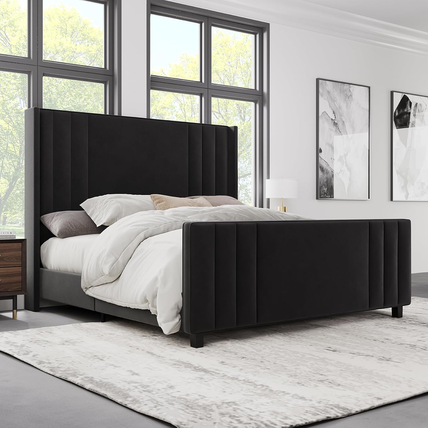 Albott King Size Platform Bed Frame, Upholstered Bed with Vertical Channel Tufted Wingback Headboard & Footboard, Premium Velvet, No Box Spring Needed, Black