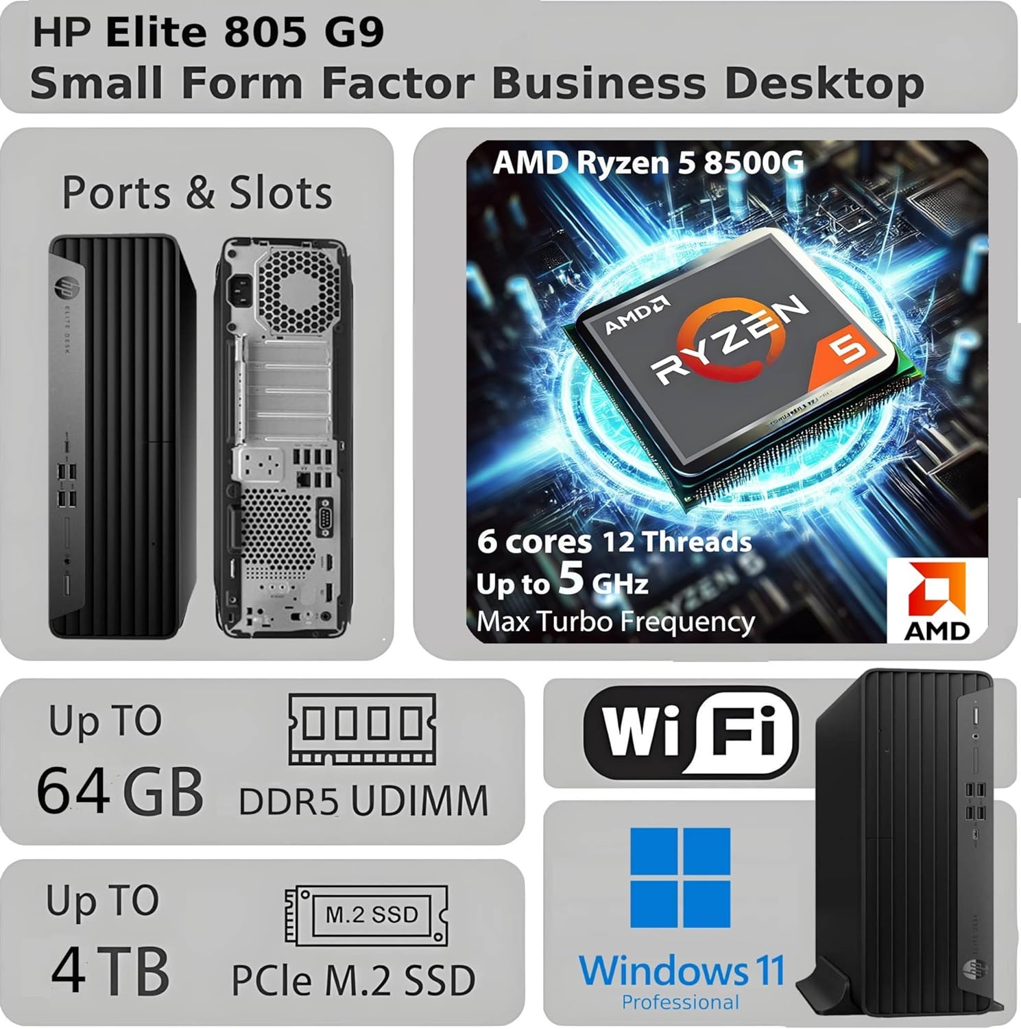 HP Elite 805 G9 SFF Business Desktop Computer, AMD Ryzen 5 8500G, 16GB DDR5, 1TB PCIe SSD, Radeon 740M Graphics, Dual 4K Display Support, USB-C, HDMI, RJ-45, Wi-Fi, Wired KB & Mouse, Windows11 Pro