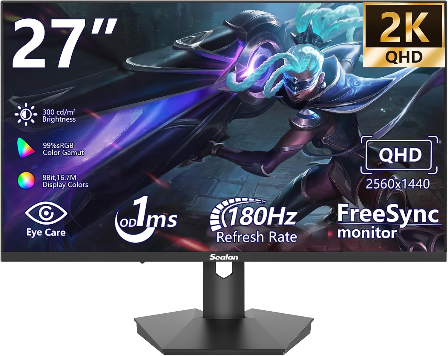 Sealan 27 Inch Gaming Monitor, 2K QHD 2560 x 1440 Computer Monitor, 180Hz Refresh Rate, VA Panel, HDR10, FreeSync, 99% sRGB, 4000:1 Contrast, HDMI/DisplayPort, 16:9