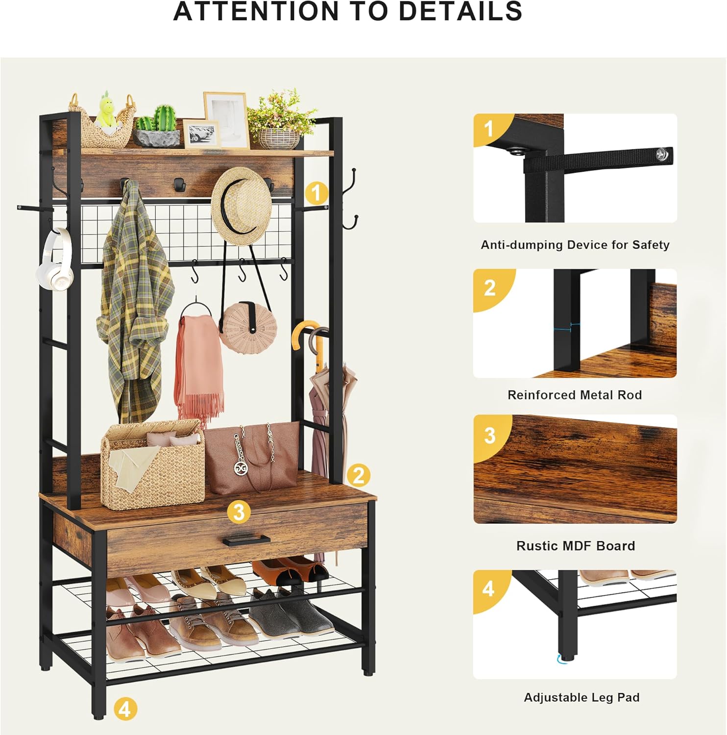 Recaceik Hall Tree with Bench and Shoe Storage, Entryway Coat Rack with Shoe Bench, Industrial Hall Tree with Drawers and 12 Hooks for Bedroom, Living Room