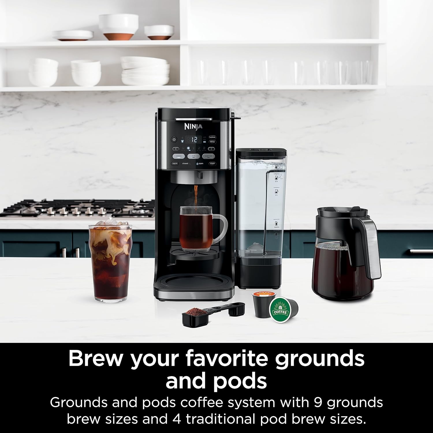 Ninja Drip Coffee Maker | DualBrew™ Pro Hot & Iced Coffee Machine, Single Serve to Carafe | Brew with Pods & Grounds, Compatible with K Cups | 3 Brew Styles, 60oz Removable Reservoir | Black, CFP101