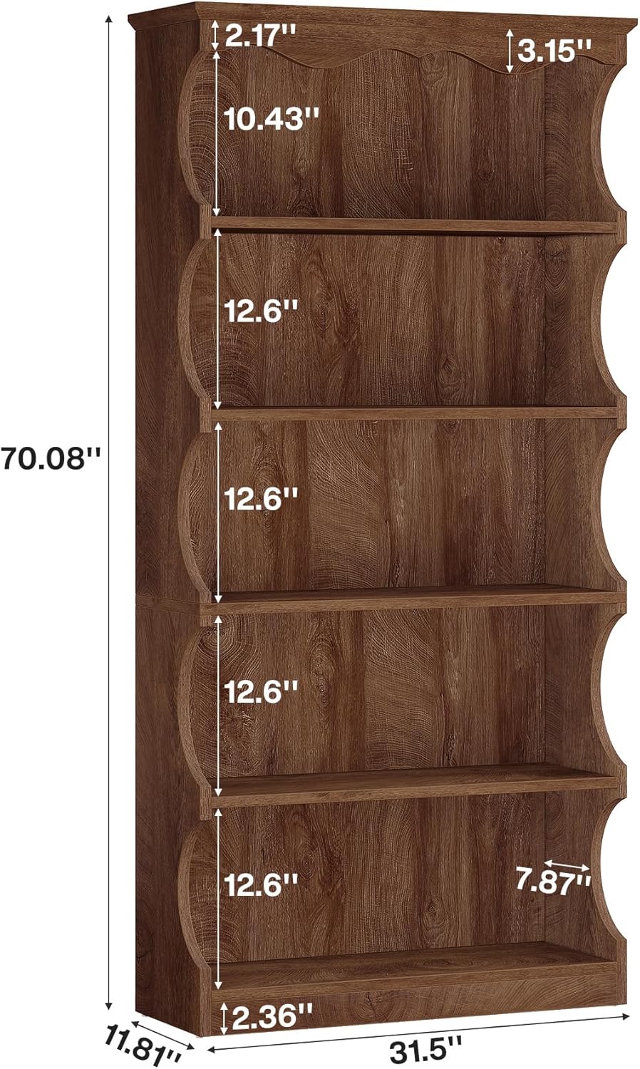 Tribesigns 70-Inch Tall Bookcase, 5-Tier Open Bookshelf with Unique Curved-Edge Design, Wooden Vintage Free-Standing Display Shelves with Storage for Living Room, Home Office, Bedroom