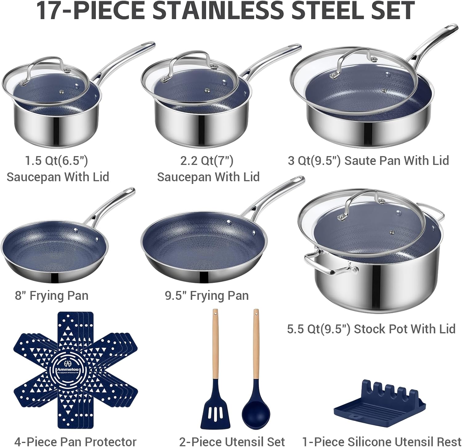 Ammeloo Hybrid Stainless Steel Cookware Set, 17-Piece Tri-Ply Pots and Pans Set Non Stick, Induction Kitchen Cookware Sets, Dishwasher & Oven Safe, PFOA Free, All Cooktops Compatible, Navy Blue