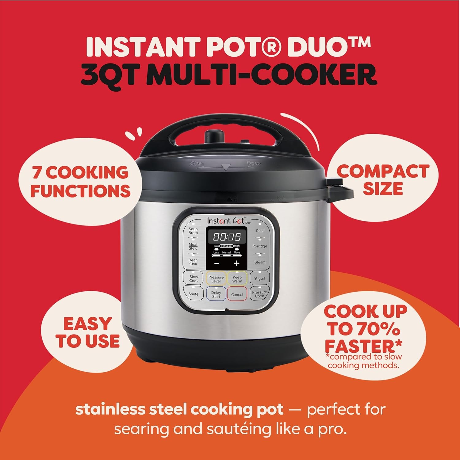 Instant Pot Duo 7-in-1 Mini Electric Pressure Cooker, Slow Rice Cooker, Steamer, Sauté, Yogurt Maker, Warmer & Sterilizer, Includes Free App with over 1900 Recipes, Stainless Steel, 3 Quart