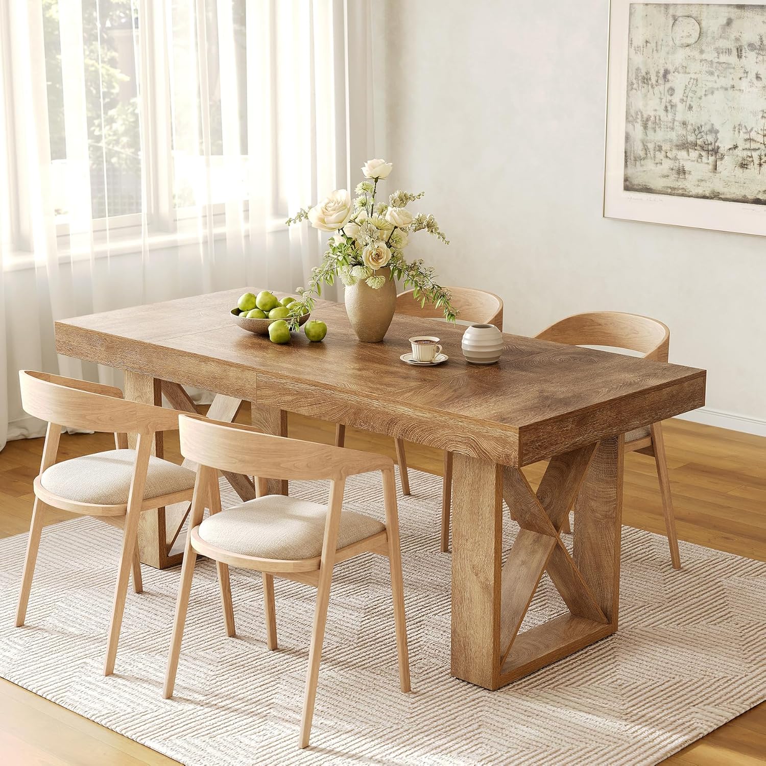 LITTLE TREE 63-Inch Dining Table for 4-6 People, Farmhouse Thick Appearance Design, Rectangle Kitchen Dinner Table for Home, Rustic Yellowish Brown