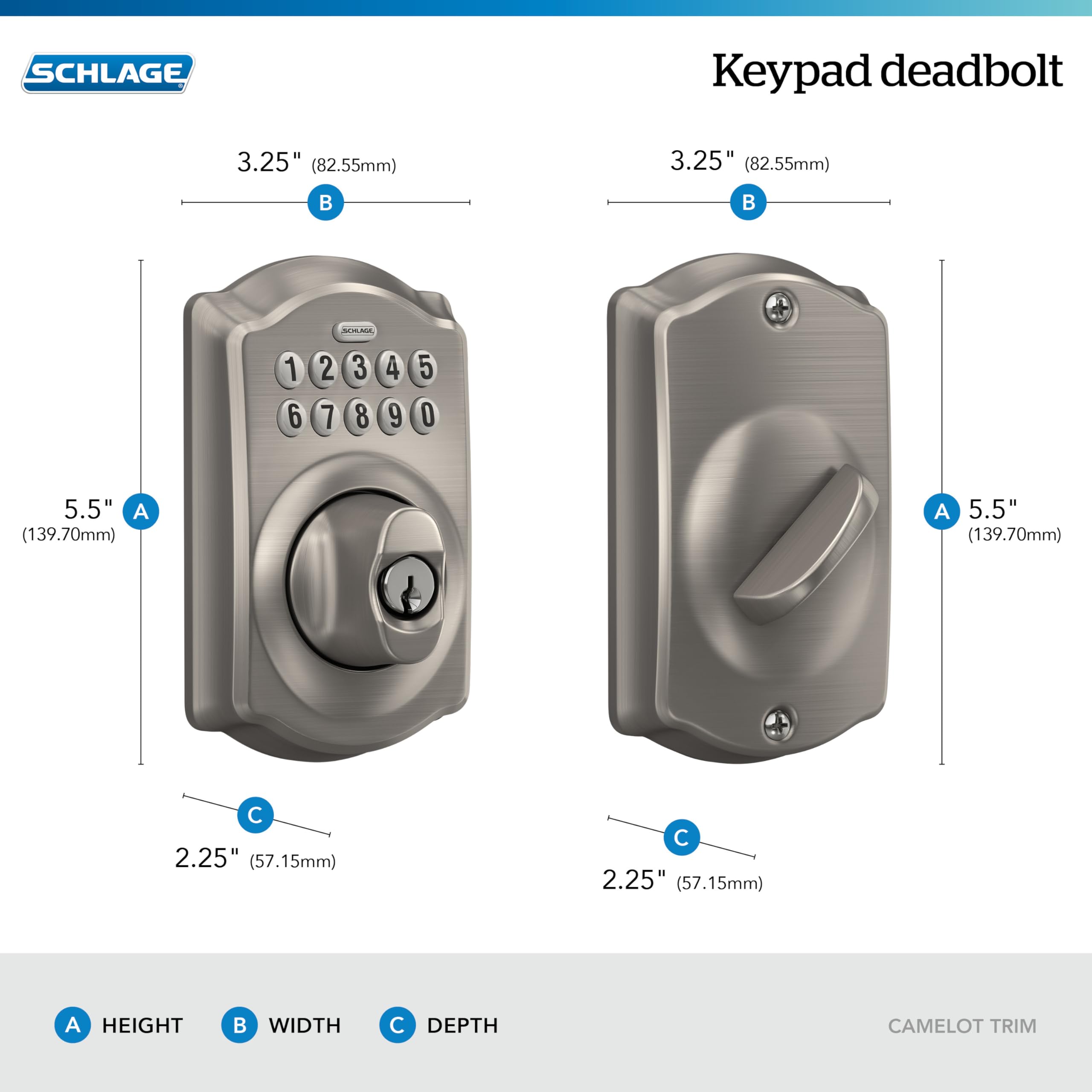 SCHLAGE Camelot Keypad Deadbolt Lock - Keyless Entry, Satin Nickel