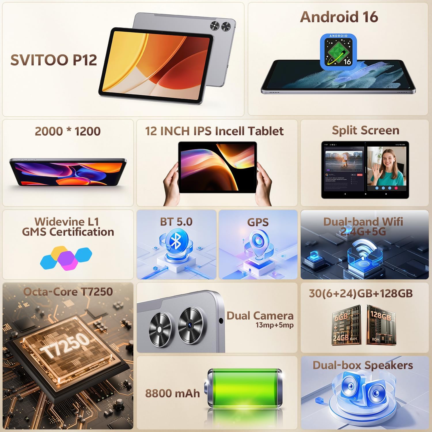 SVITOO 12 Inch Tablet, Android 16 Tablet 12 Inch Large Screen 2K Display, Octa-Core, 30GB RAM 128GB Storage 1TB Expandable, 13MP Dual Camera, 8800mAh, GPS, Dual Speakers, Face Unlock