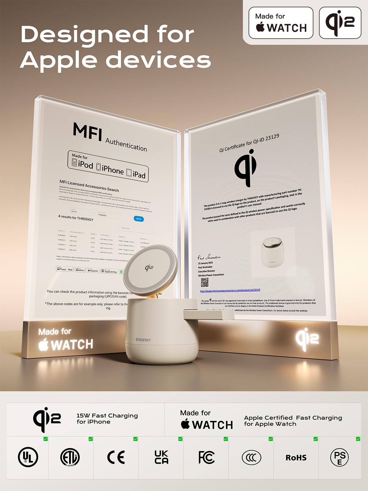 THREEKEY MFI Certified 4-in-1 MagSafe Wireless Charger Station